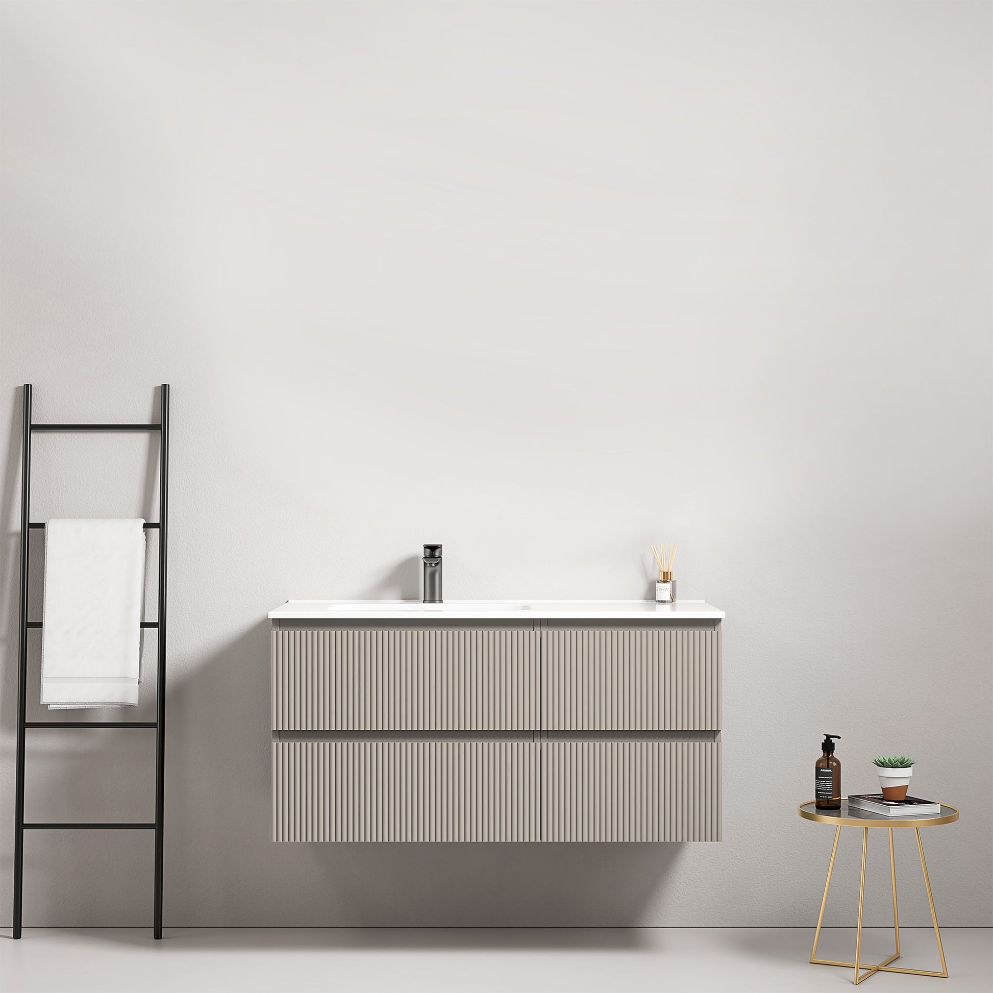 Mobile bagno sospeso cannettato 100 cm Grigio Cenere Lavabo a Sinistra in Ceramica Senza Specchio - Fiji Paint.