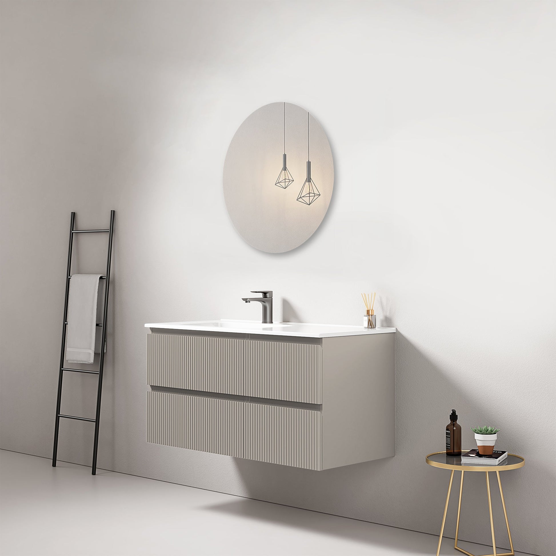 Mobile bagno sospeso cannettato 100 cm Grigio Cenere Lavabo a Sinistra in Ceramica Specchio Tondo - Fiji Paint