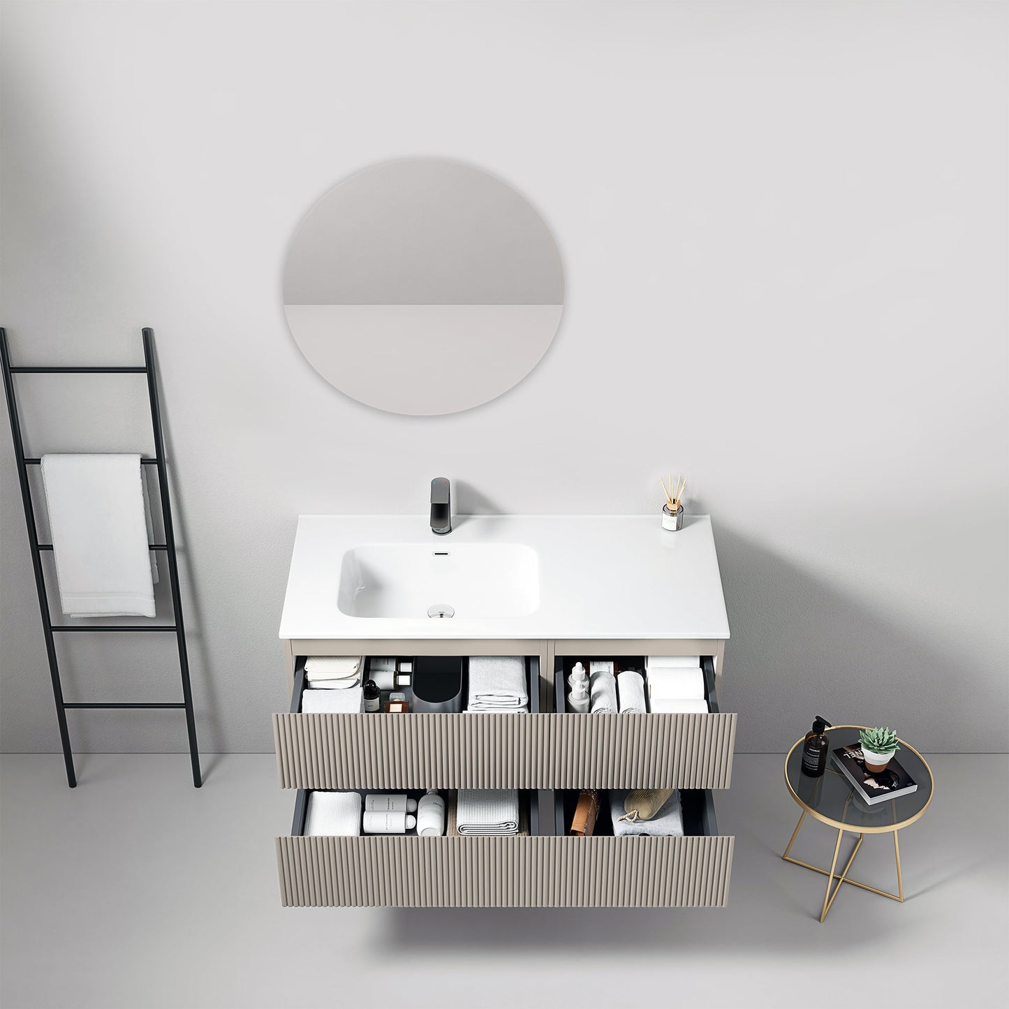 Mobile bagno sospeso cannettato 100 cm Grigio Cenere Lavabo a Sinistra in Ceramica Specchio Tondo - Fiji Paint