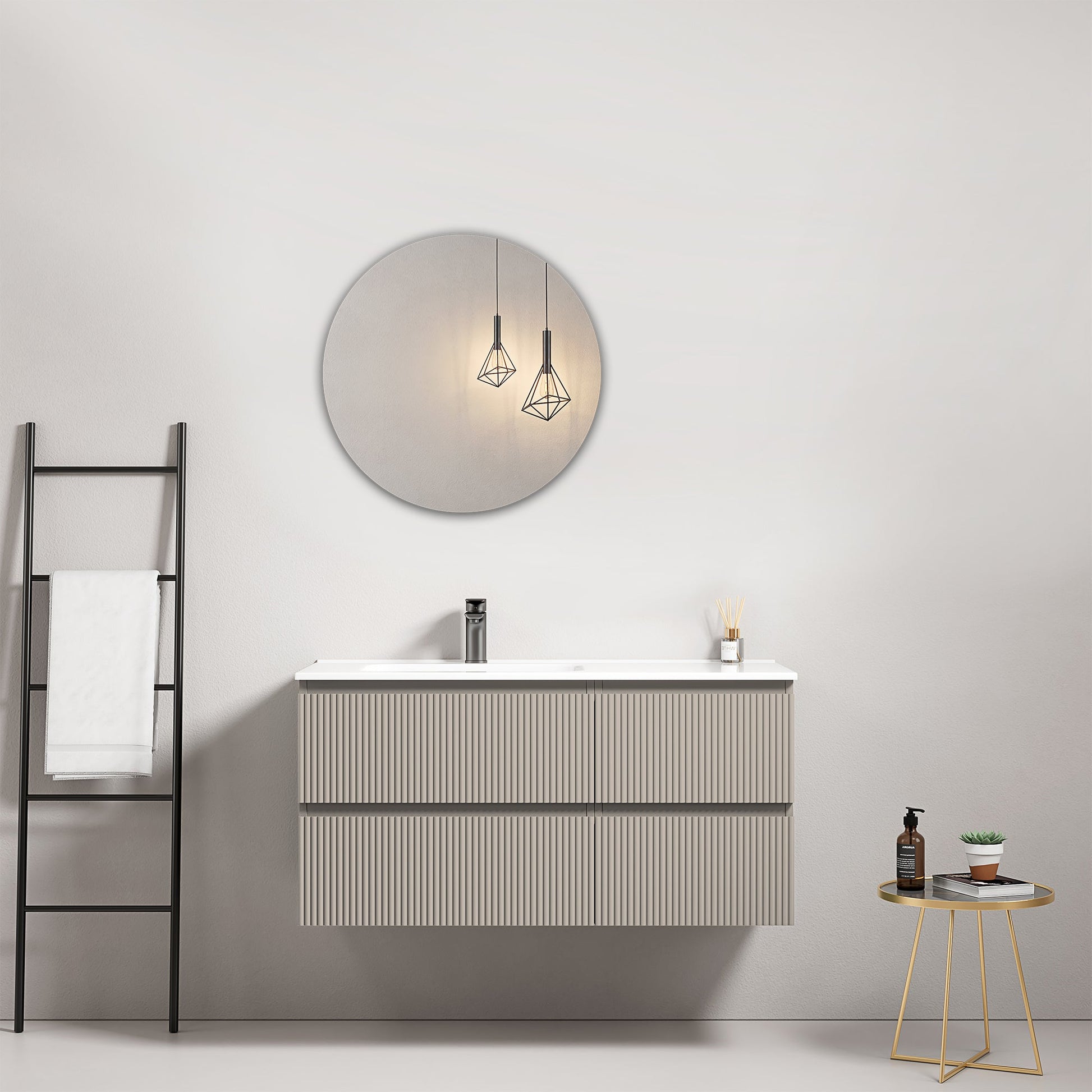 Mobile bagno sospeso cannettato 100 cm Grigio Cenere Lavabo a Sinistra in Ceramica Specchio Tondo - Fiji Paint