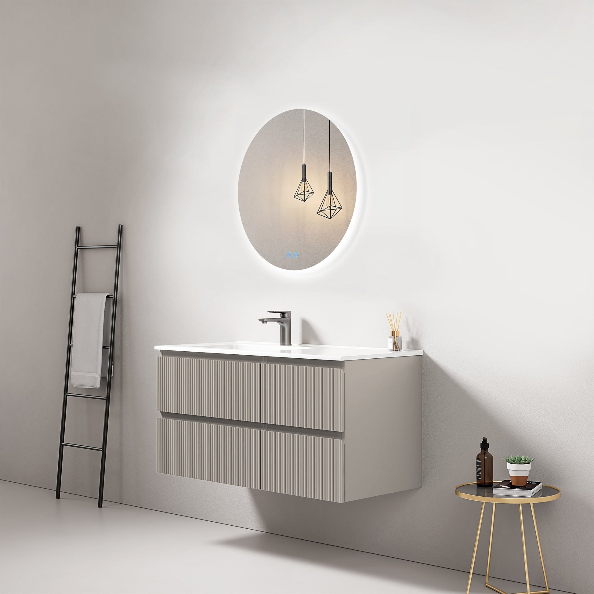 Mobile bagno sospeso cannettato 100 cm Grigio Cenere Lavabo a Sinistra in Ceramica Specchio Tondo Retroilluminato - Fiji Paint