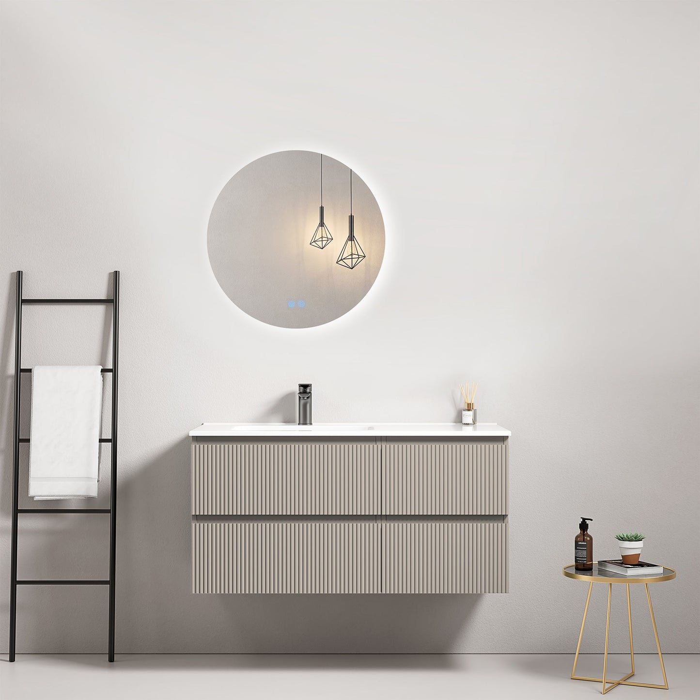 Mobile bagno sospeso cannettato 100 cm Grigio Cenere Lavabo a Sinistra in Ceramica Specchio Tondo Retroilluminato - Fiji Paint