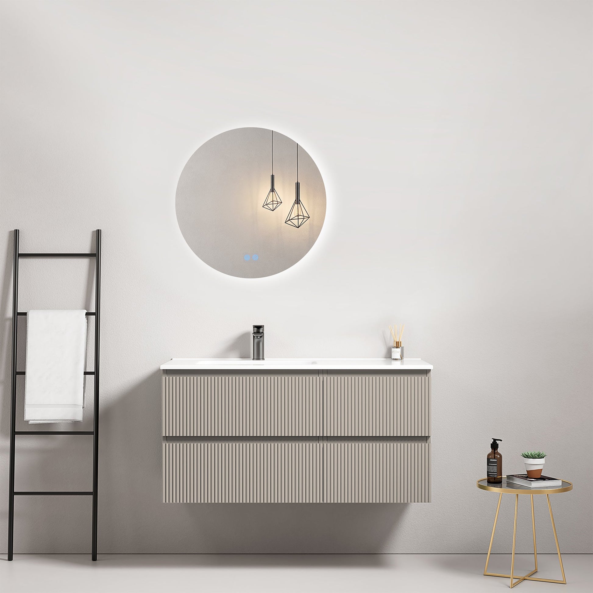 Mobile bagno sospeso cannettato 100 cm Grigio Cenere Lavabo a Sinistra in Ceramica Specchio Tondo Retroilluminato - Fiji Paint