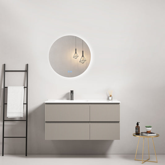 Mobile bagno sospeso cannettato 100 cm Grigio Cenere Lavabo a Sinistra in Ceramica Specchio Tondo Retroilluminato - Fiji Paint