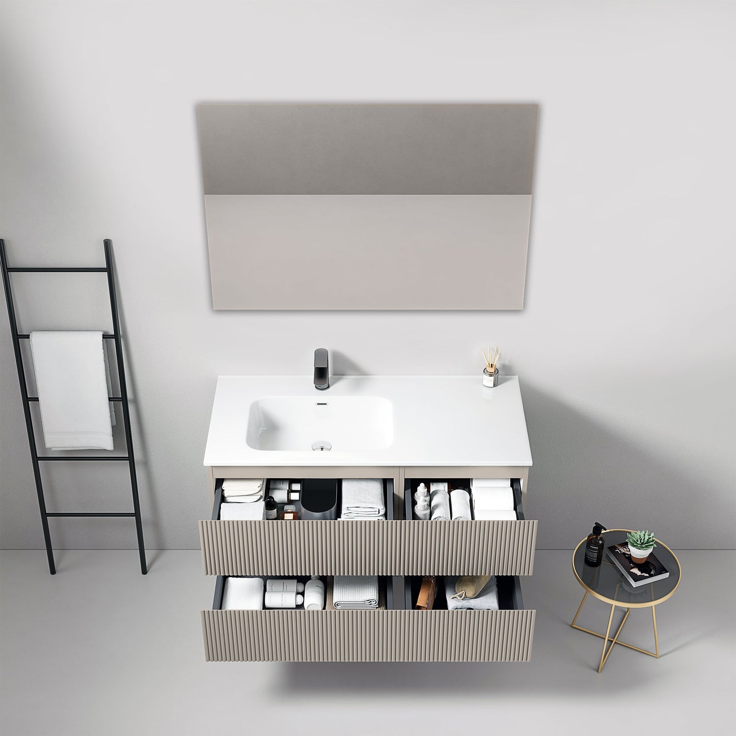 Mobile bagno sospeso cannettato 100 cm Grigio Cenere Lavabo a Sinistra in Ceramica Specchio Quadro - Fiji Paint