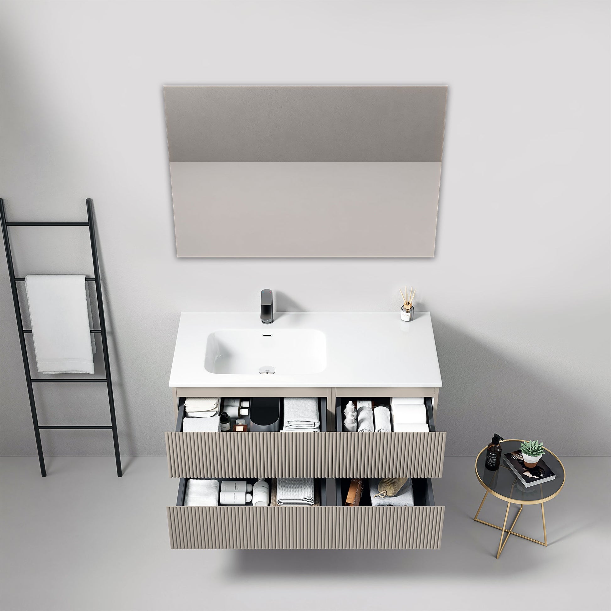 Mobile bagno sospeso cannettato 100 cm Grigio Cenere Lavabo a Sinistra in Ceramica Specchio Quadro - Fiji Paint