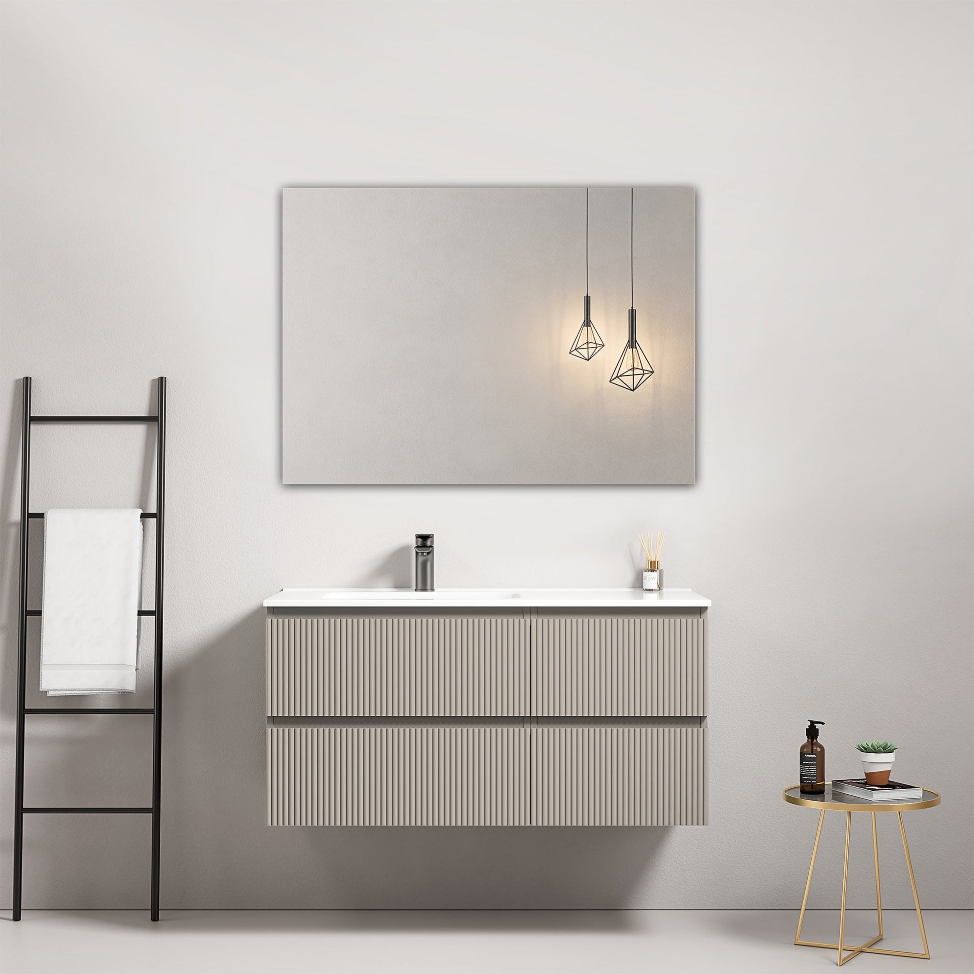 Mobile bagno sospeso cannettato 100 cm Grigio Cenere Lavabo a Sinistra in Ceramica Specchio Quadro - Fiji Paint
