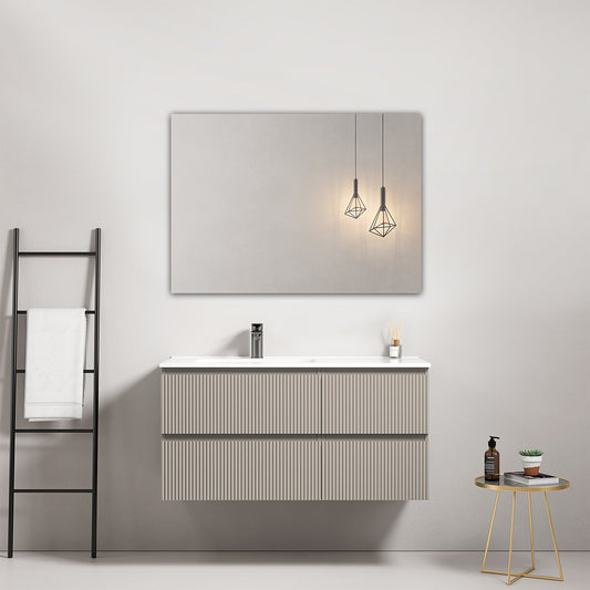 Mobile bagno sospeso cannettato 100 cm Grigio Cenere Lavabo a Sinistra in Ceramica Specchio Quadro - Fiji Paint