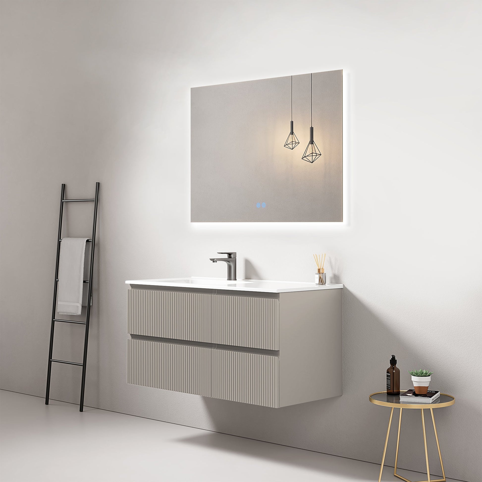 Mobile bagno sospeso cannettato 100 cm Grigio Cenere Lavabo a Sinistra in Ceramica Specchio Quadro Retroilluminato - Fiji Paint