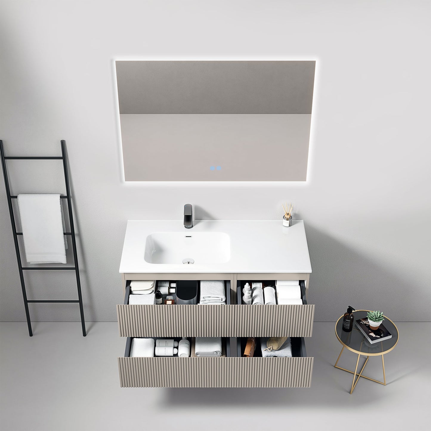 Mobile bagno sospeso cannettato 100 cm Grigio Cenere Lavabo a Sinistra in Ceramica Specchio Quadro Retroilluminato - Fiji Paint