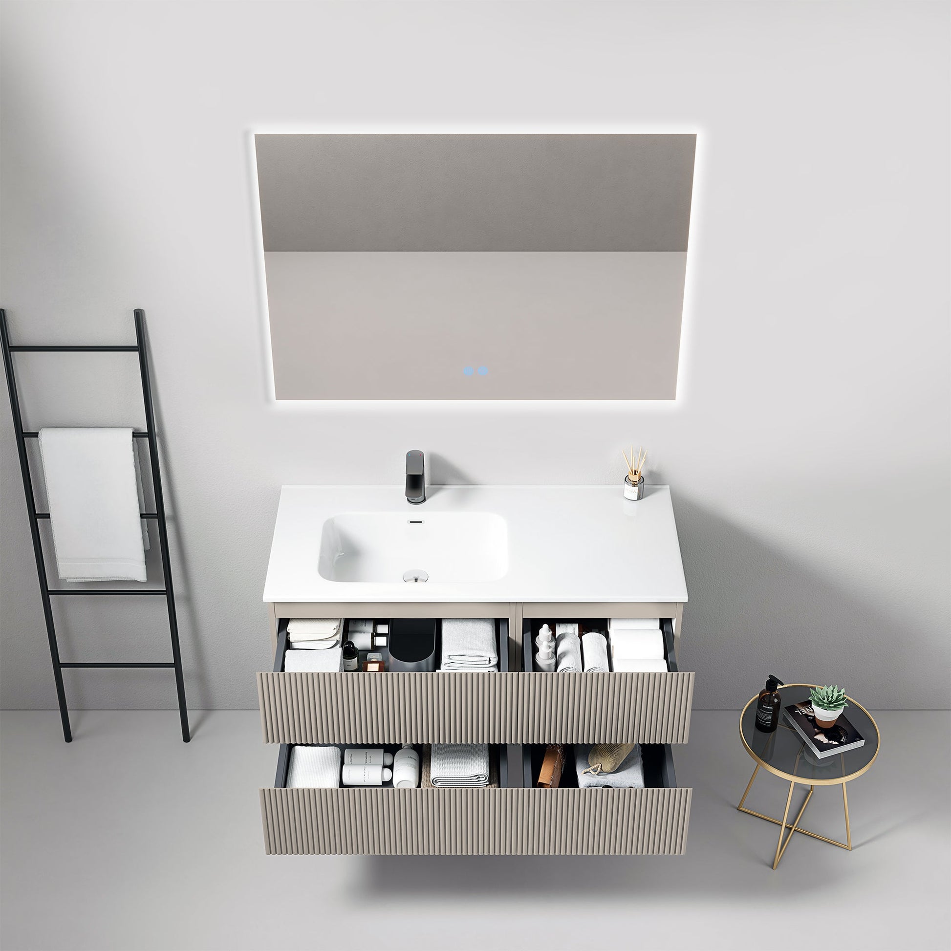 Mobile bagno sospeso cannettato 100 cm Grigio Cenere Lavabo a Sinistra in Ceramica Specchio Quadro Retroilluminato - Fiji Paint