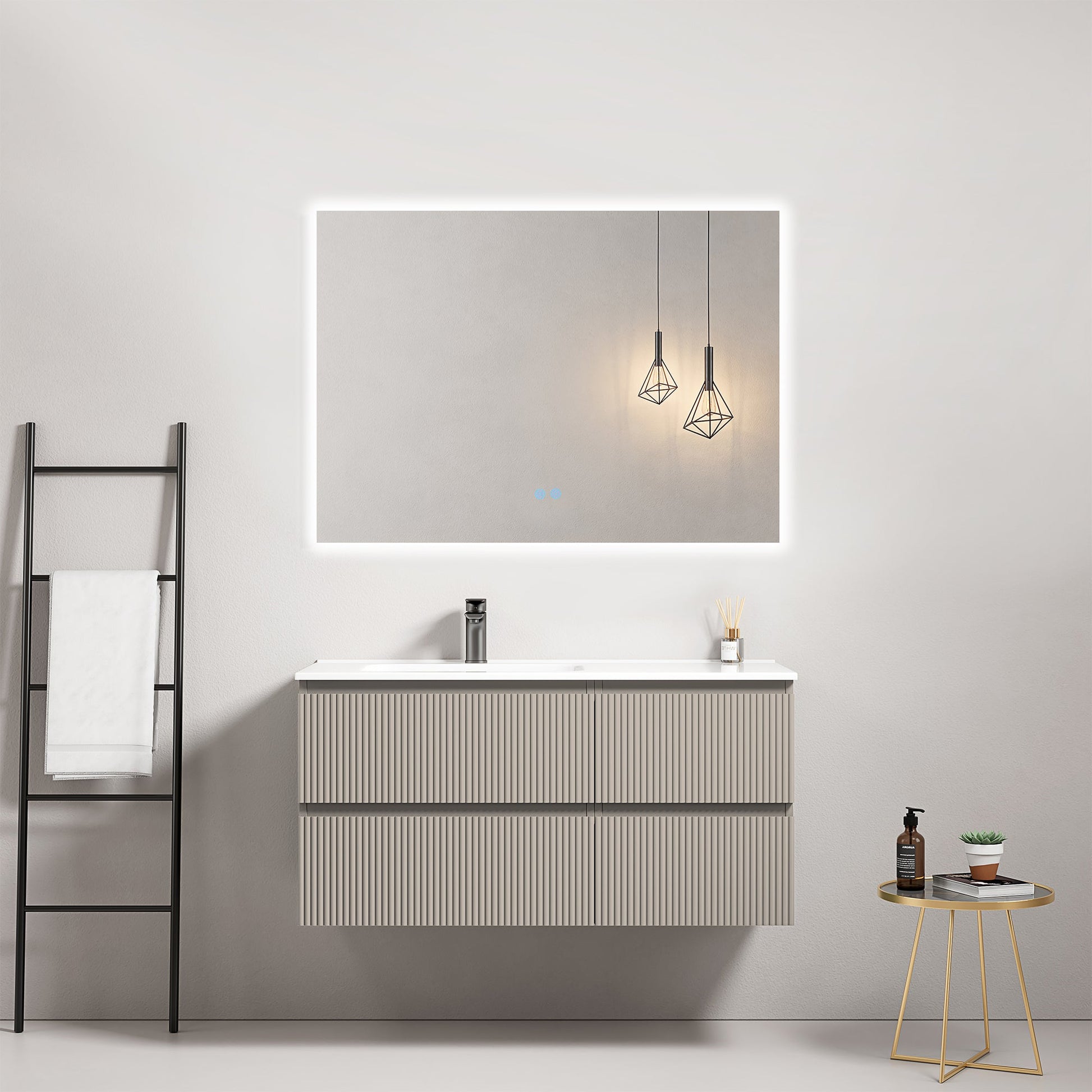 Mobile bagno sospeso cannettato 100 cm Grigio Cenere Lavabo a Sinistra in Ceramica Specchio Quadro Retroilluminato - Fiji Paint