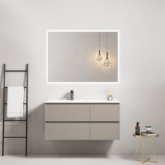 Mobile bagno sospeso cannettato 100 cm Grigio Cenere Lavabo a Sinistra in Ceramica Specchio Quadro Retroilluminato - Fiji Paint
