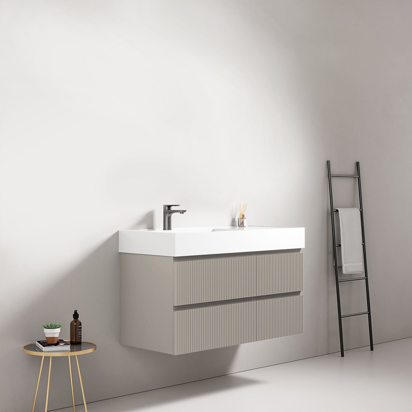 Mobile bagno sospeso cannettato 100 cm Grigio Cenere Lavabo a Sinistra in Resina Senza Specchio - Fiji Paint