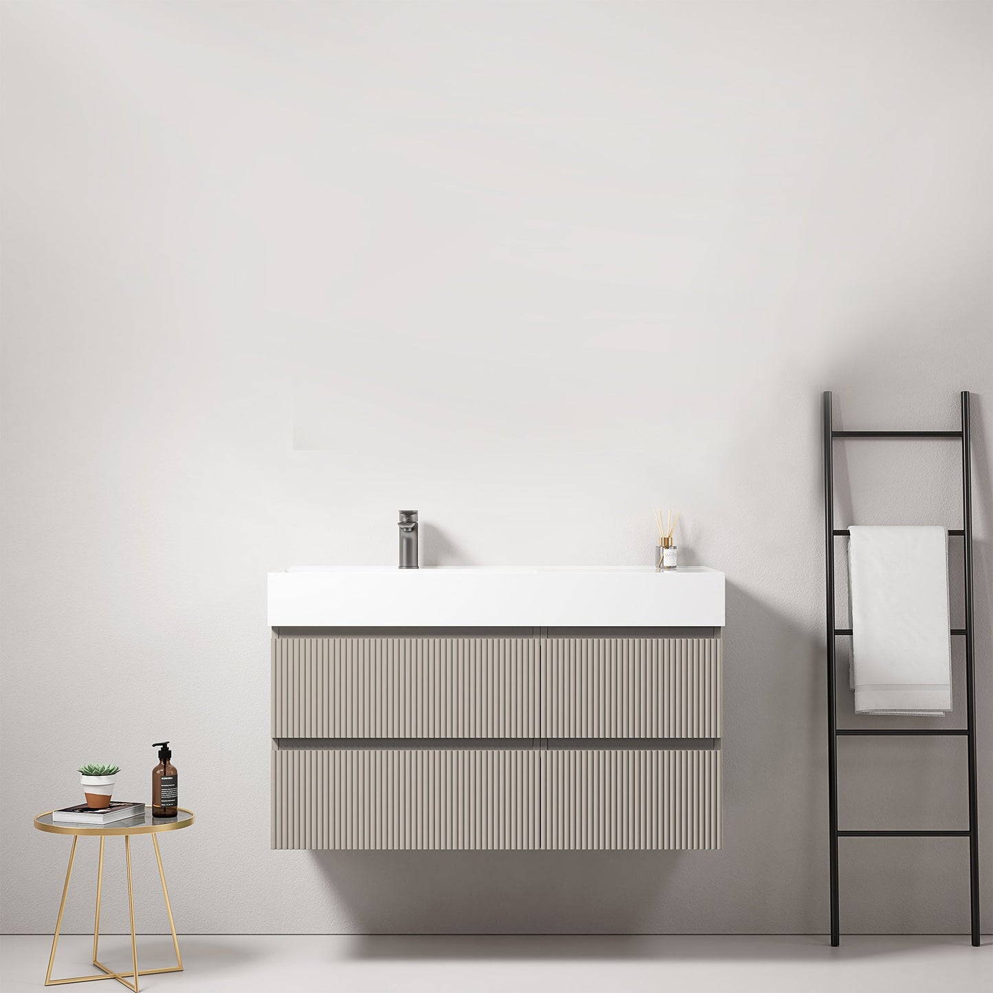 Mobile bagno sospeso cannettato 100 cm Grigio Cenere Lavabo a Sinistra in Resina Senza Specchio - Fiji Paint