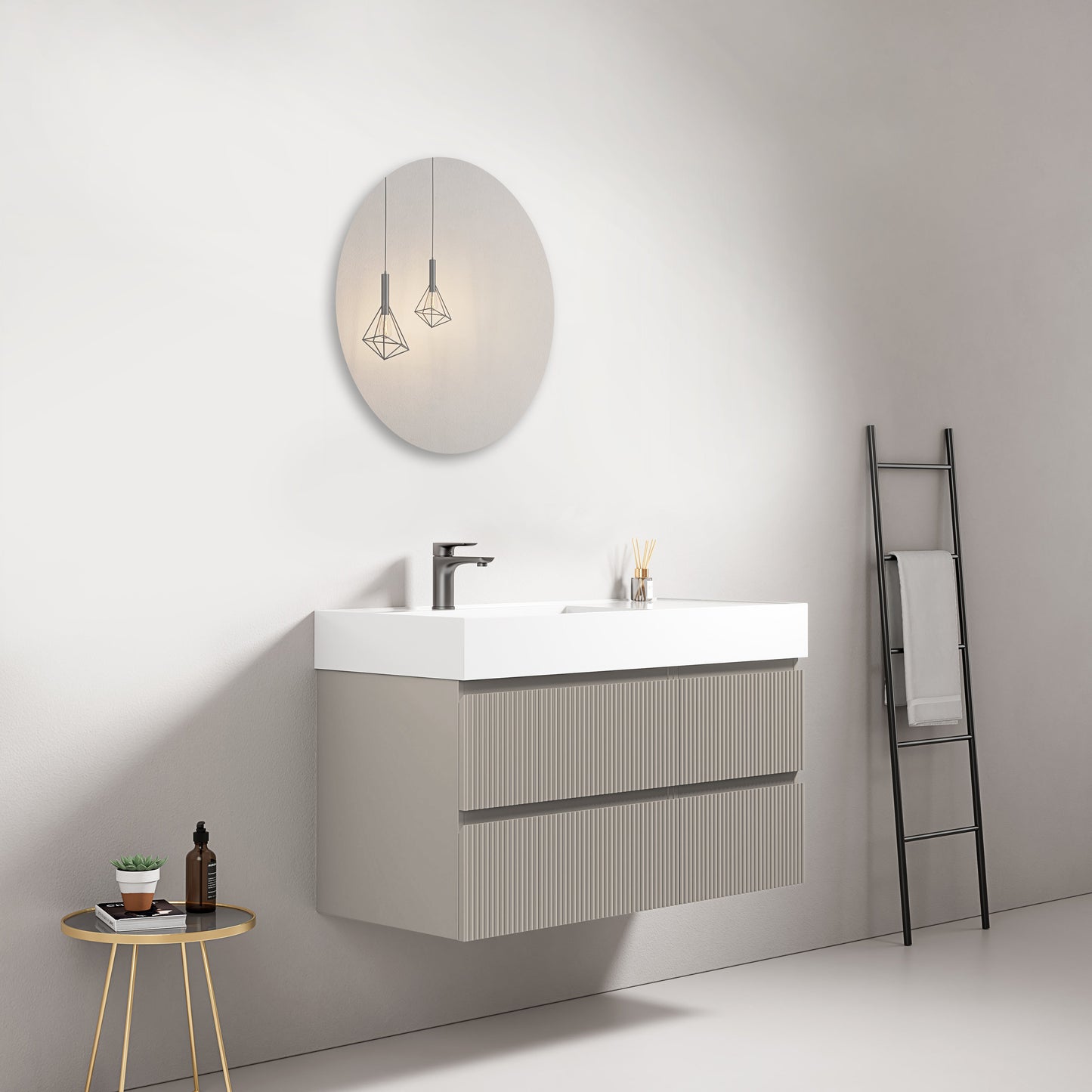 Mobile bagno sospeso cannettato 100 cm Grigio Cenere Lavabo a Sinistra in Resina Specchio Tondo - Fiji Paint.