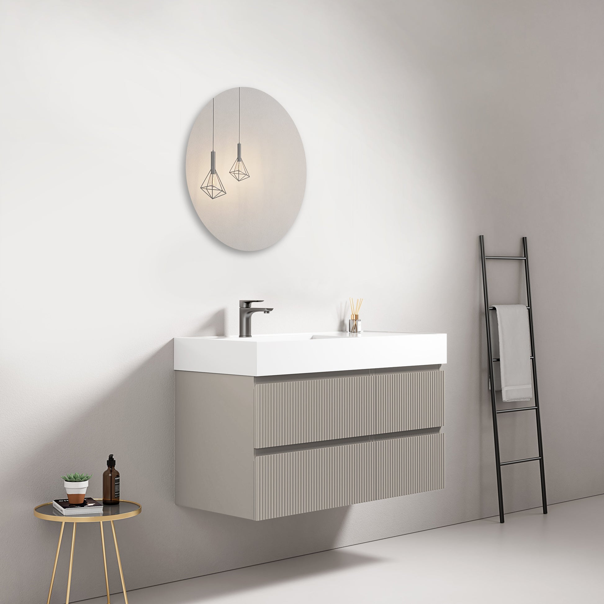 Mobile bagno sospeso cannettato 100 cm Grigio Cenere Lavabo a Sinistra in Resina Specchio Tondo - Fiji Paint.