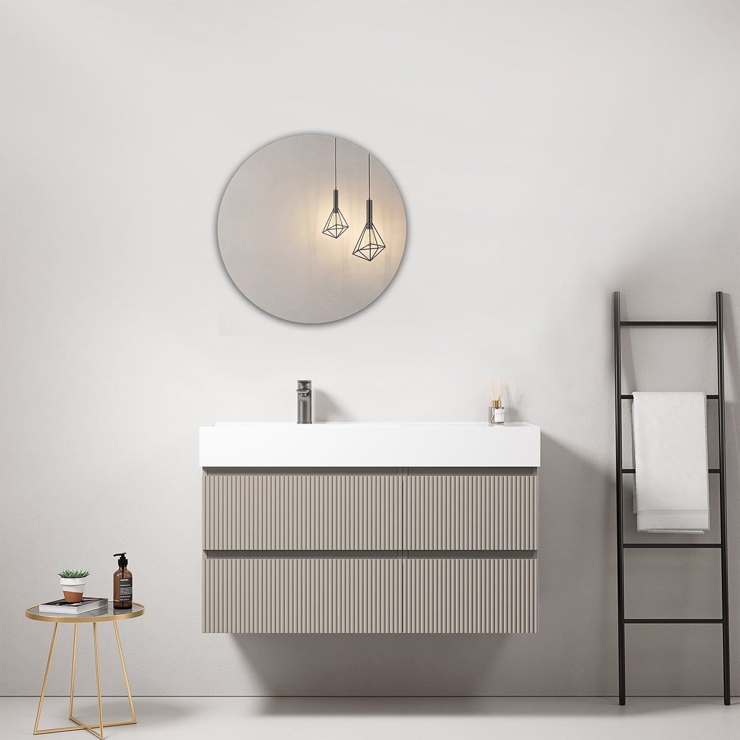 Mobile bagno sospeso cannettato 100 cm Grigio Cenere Lavabo a Sinistra in Resina Specchio Tondo - Fiji Paint.