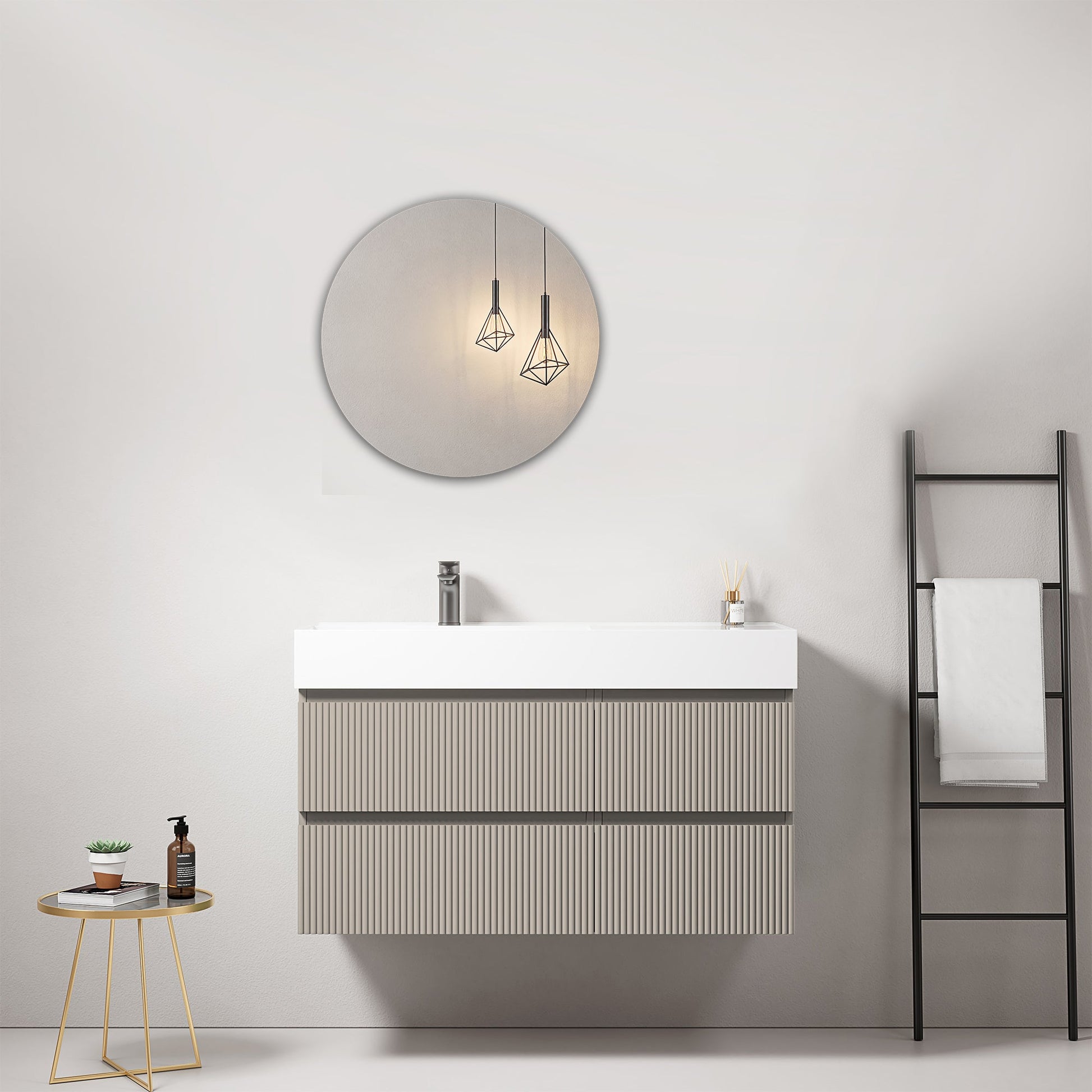 Mobile bagno sospeso cannettato 100 cm Grigio Cenere Lavabo a Sinistra in Resina Specchio Tondo - Fiji Paint.