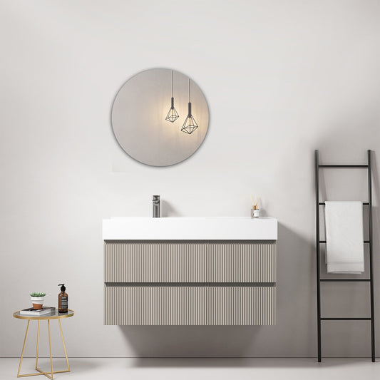 Mobile bagno sospeso cannettato 100 cm Grigio Cenere Lavabo a Sinistra in Resina Specchio Tondo - Fiji Paint.