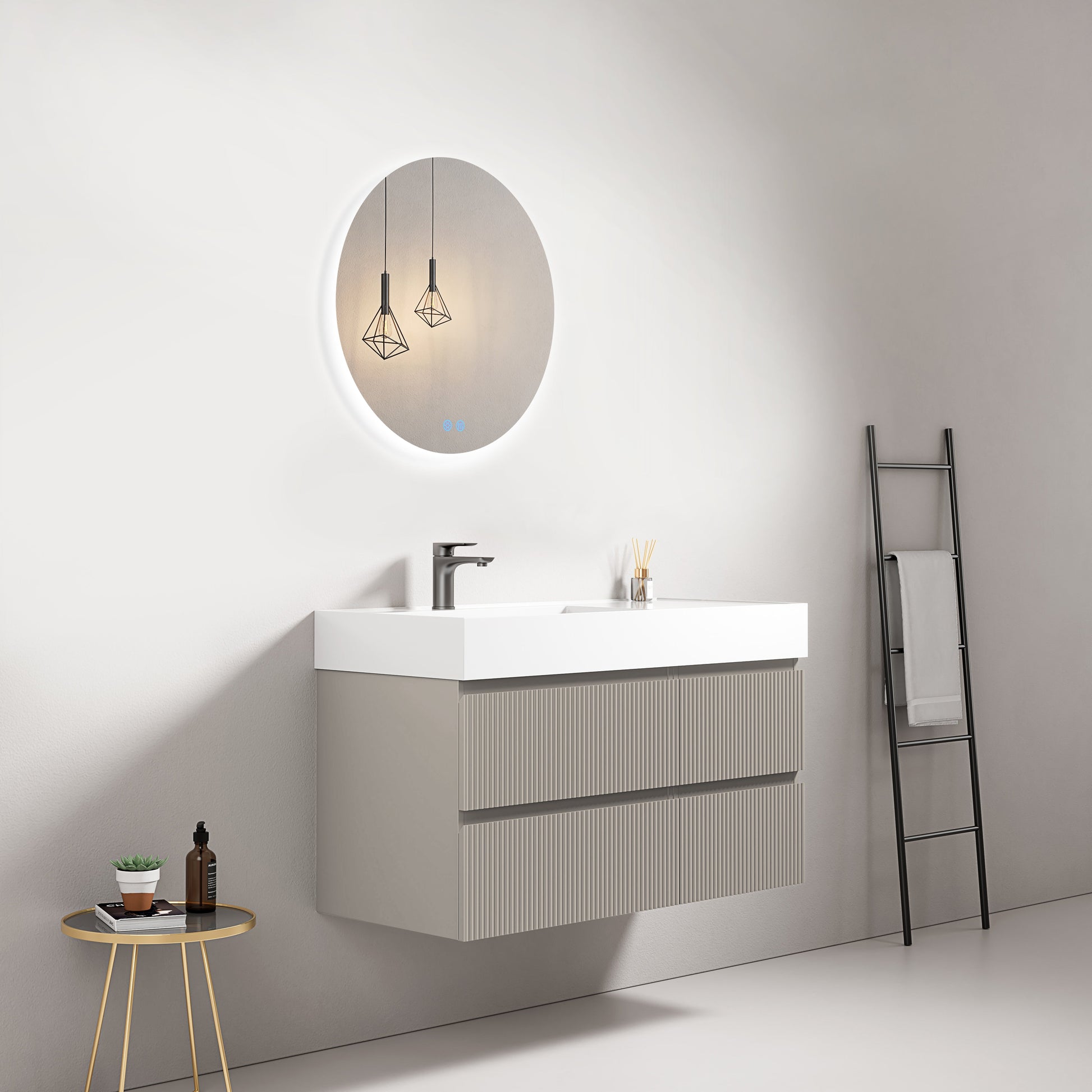 Mobile bagno sospeso cannettato 100 cm Grigio Cenere Lavabo a Sinistra in Resina Specchio Tondo Retroilluminato - Fiji Paint