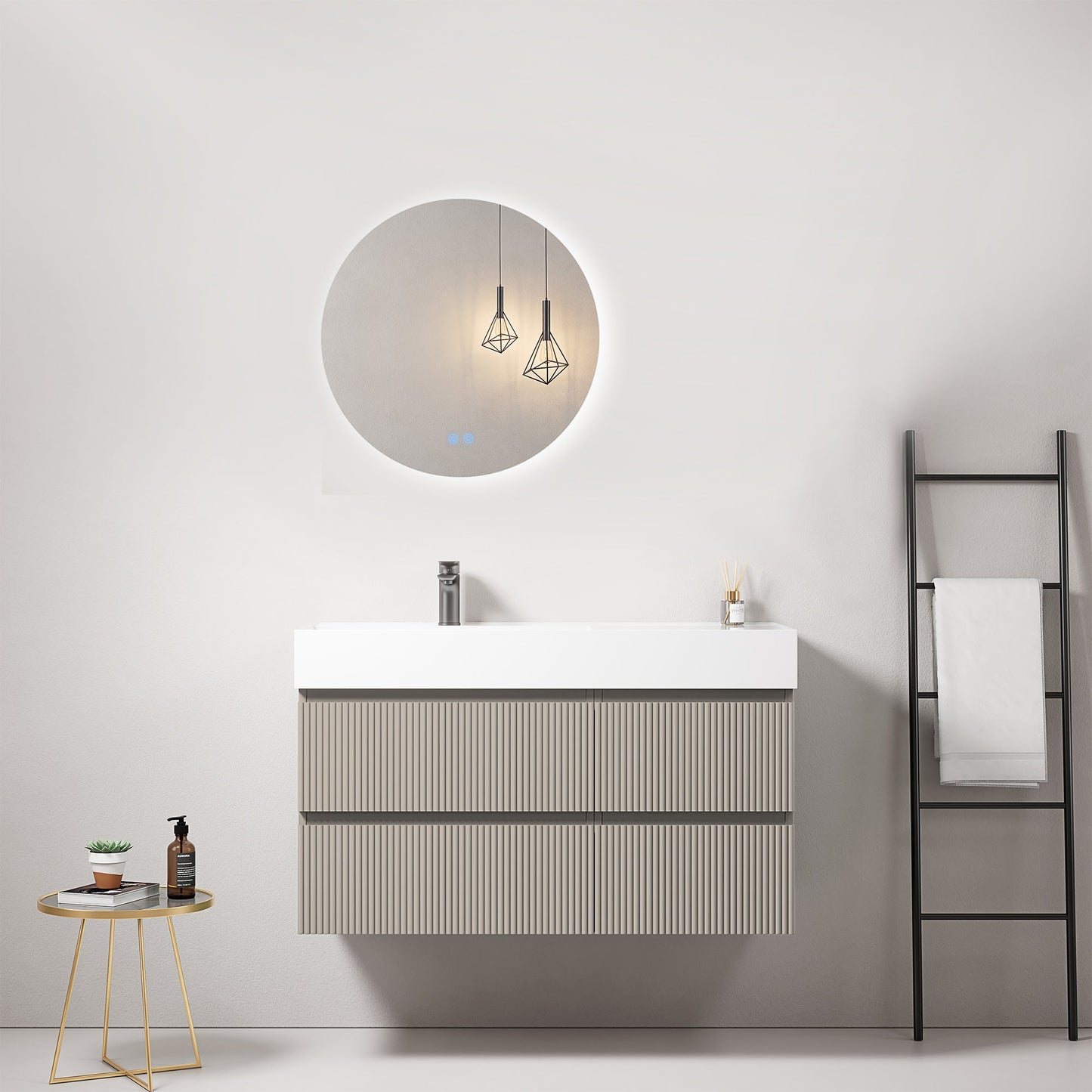 Mobile bagno sospeso cannettato 100 cm Grigio Cenere Lavabo a Sinistra in Resina Specchio Tondo Retroilluminato - Fiji Paint