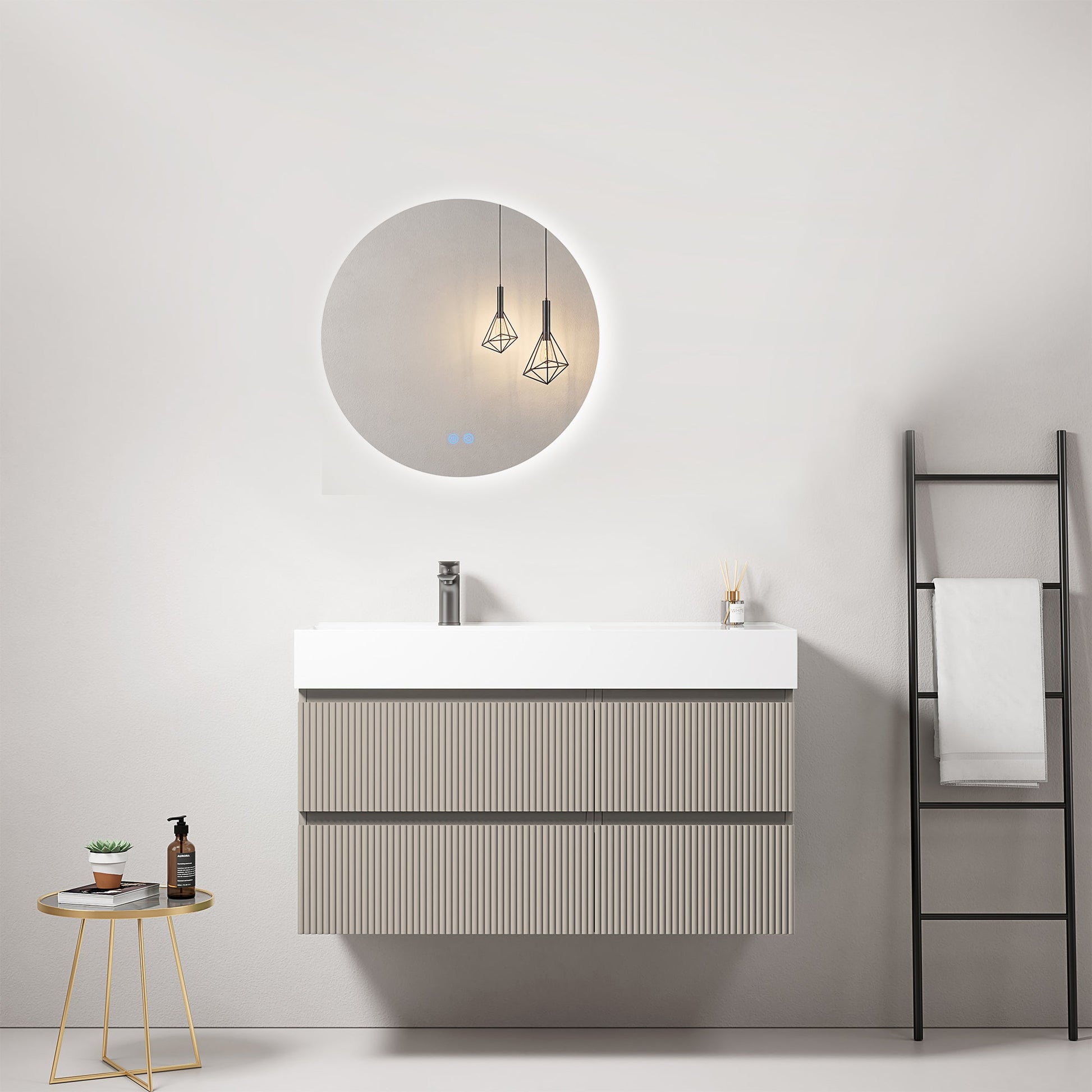Mobile bagno sospeso cannettato 100 cm Grigio Cenere Lavabo a Sinistra in Resina Specchio Tondo Retroilluminato - Fiji Paint