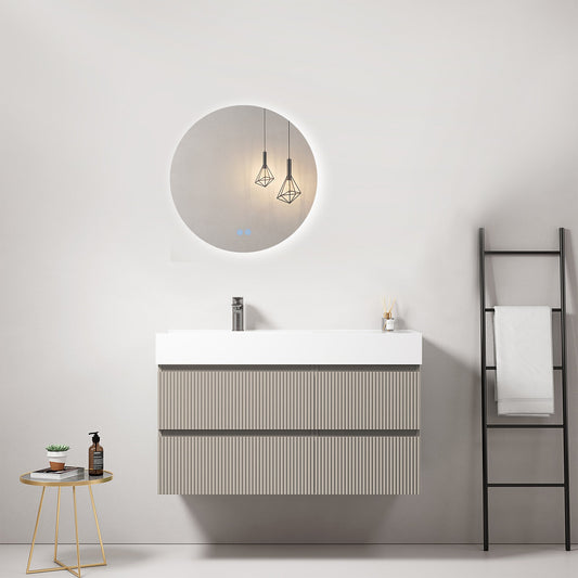 Mobile bagno sospeso cannettato 100 cm Grigio Cenere Lavabo a Sinistra in Resina Specchio Tondo Retroilluminato - Fiji Paint