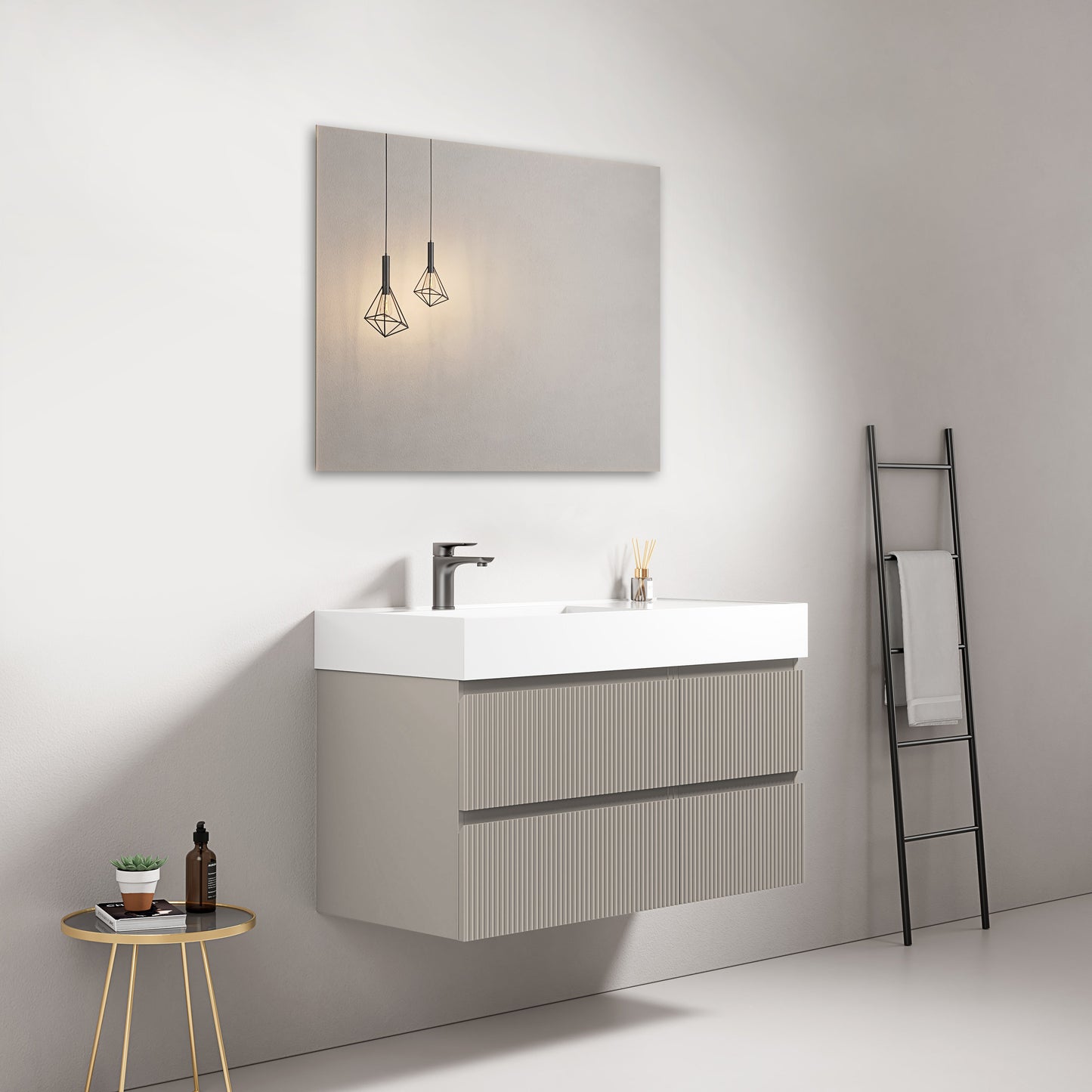 Mobile bagno sospeso cannettato 100 cm Grigio Cenere Lavabo a Sinistra in Resina Specchio Quadro - Fiji Paint
