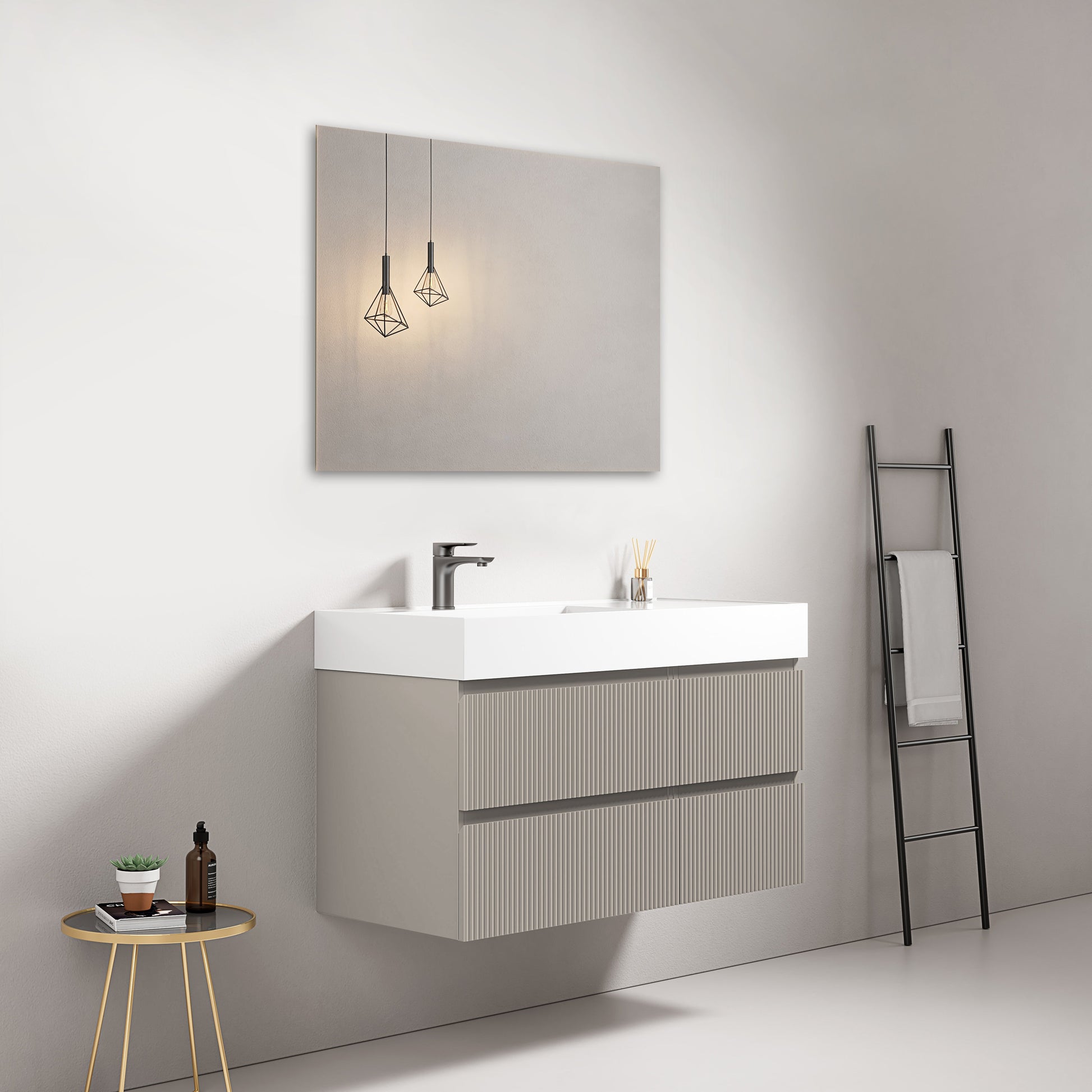Mobile bagno sospeso cannettato 100 cm Grigio Cenere Lavabo a Sinistra in Resina Specchio Quadro - Fiji Paint