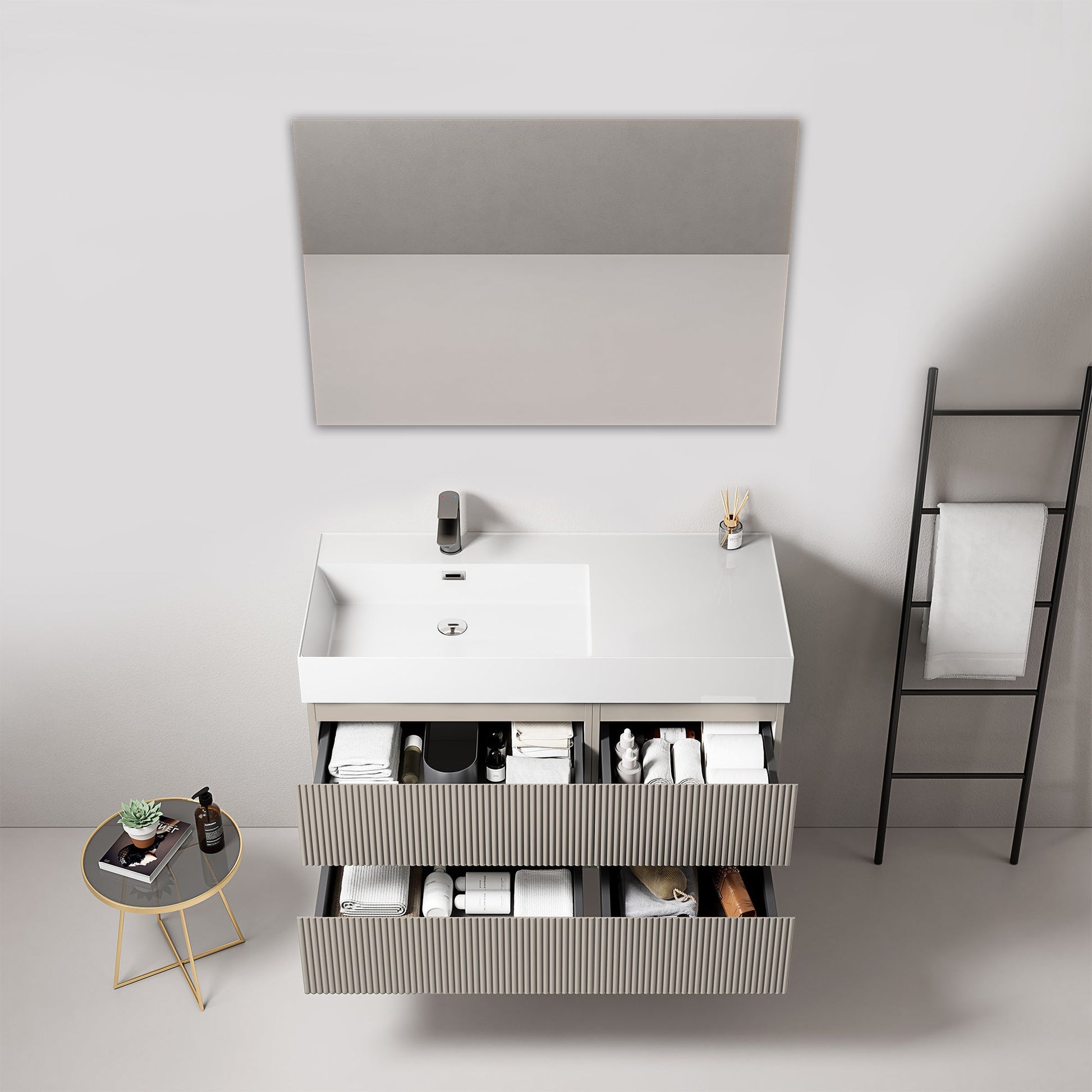 Mobile bagno sospeso cannettato 100 cm Grigio Cenere Lavabo a Sinistra in Resina Specchio Quadro - Fiji Paint