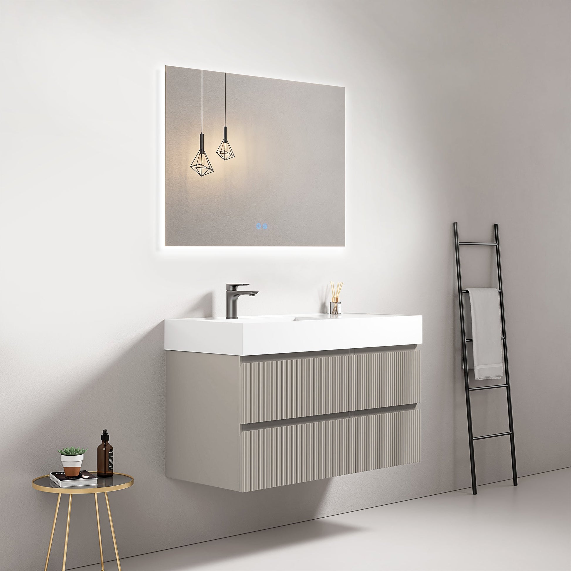 Mobile bagno sospeso cannettato 100 cm Grigio Cenere Lavabo a Sinistra in Resina Specchio Quadro Retroilluminato - Fiji Paint.