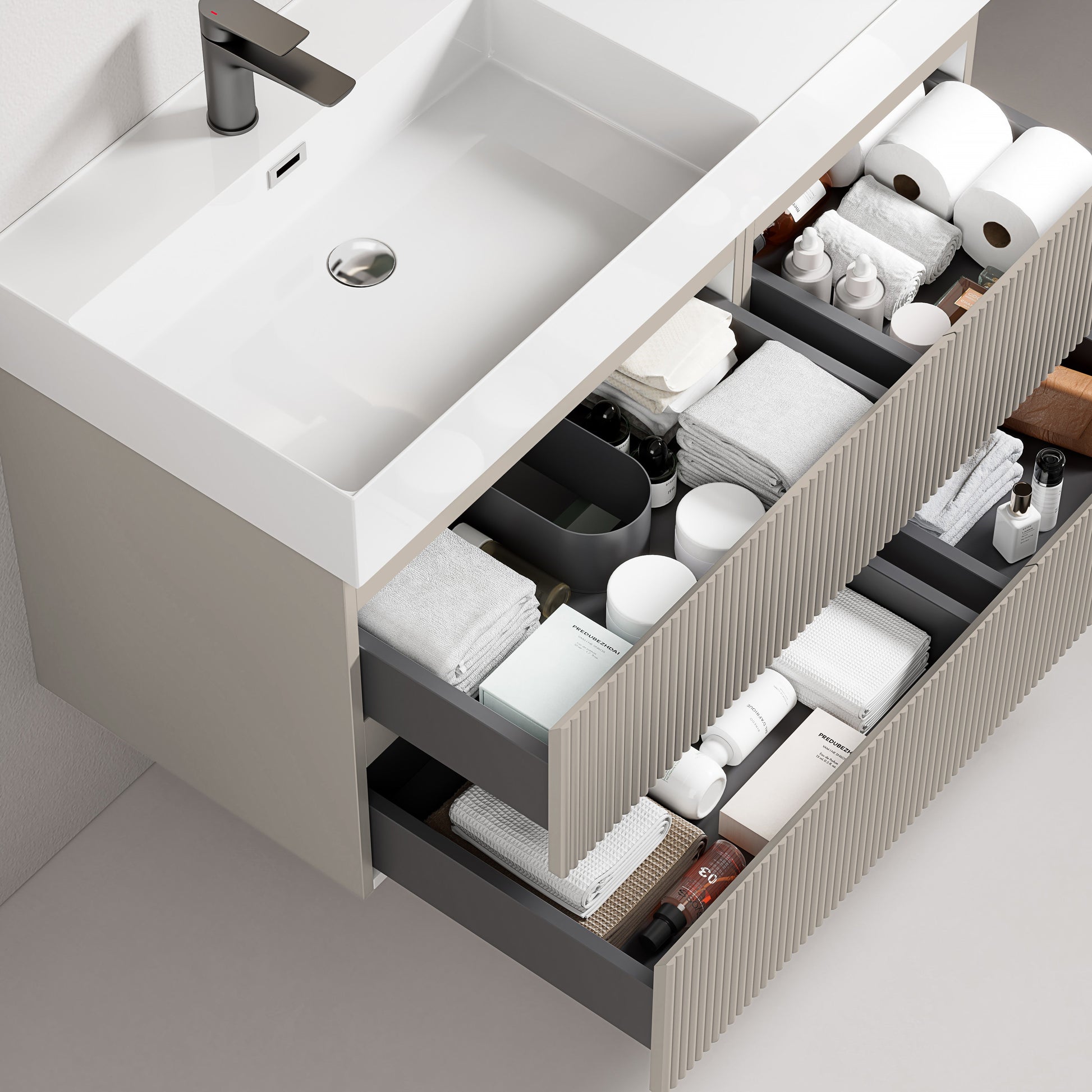 Mobile bagno sospeso cannettato 100 cm Grigio Cenere Lavabo a Sinistra in Resina Specchio Tondo - Fiji Paint con cassetti organizzati.