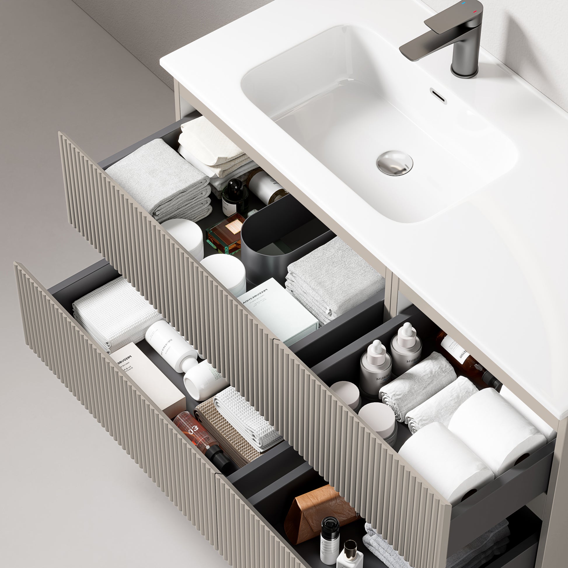 Mobile bagno sospeso cannettato 100 cm Grigio Cenere Lavabo a Sinistra in Ceramica Senza Specchio - Fiji Paint con cassetti organizzati.