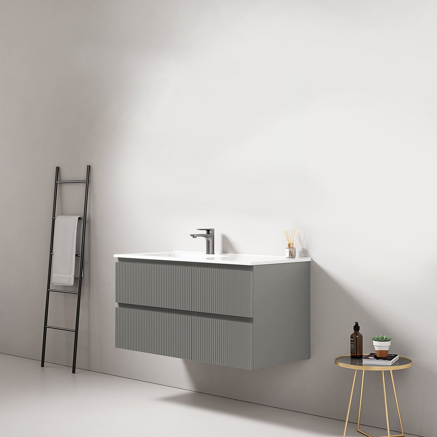 Mobile bagno sospeso cannettato 100 cm Grigio Londra Lavabo a Sinistra in Ceramica Senza Specchio - Fiji Paint