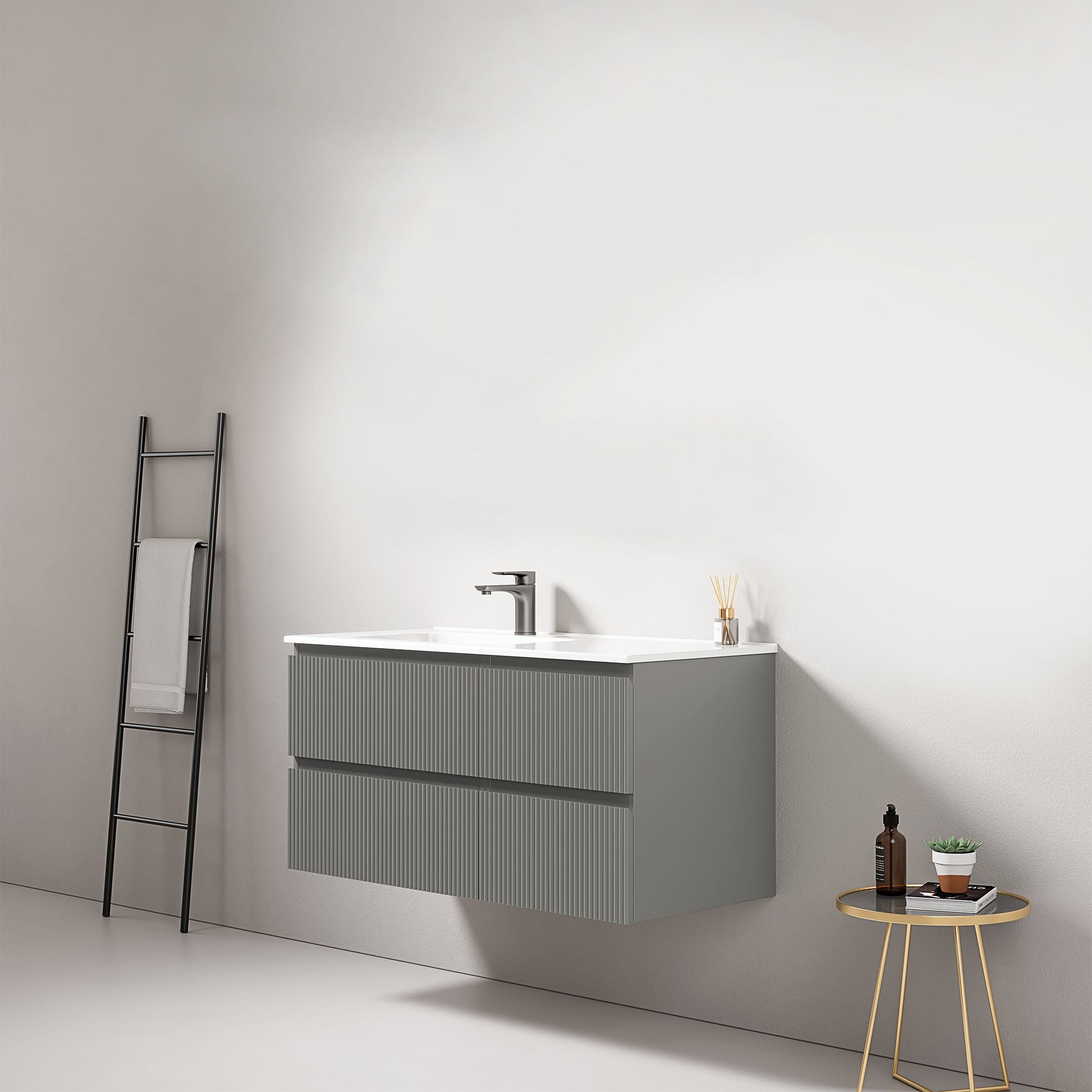 Mobile bagno sospeso cannettato 100 cm Grigio Londra Lavabo a Sinistra in Ceramica Senza Specchio - Fiji Paint