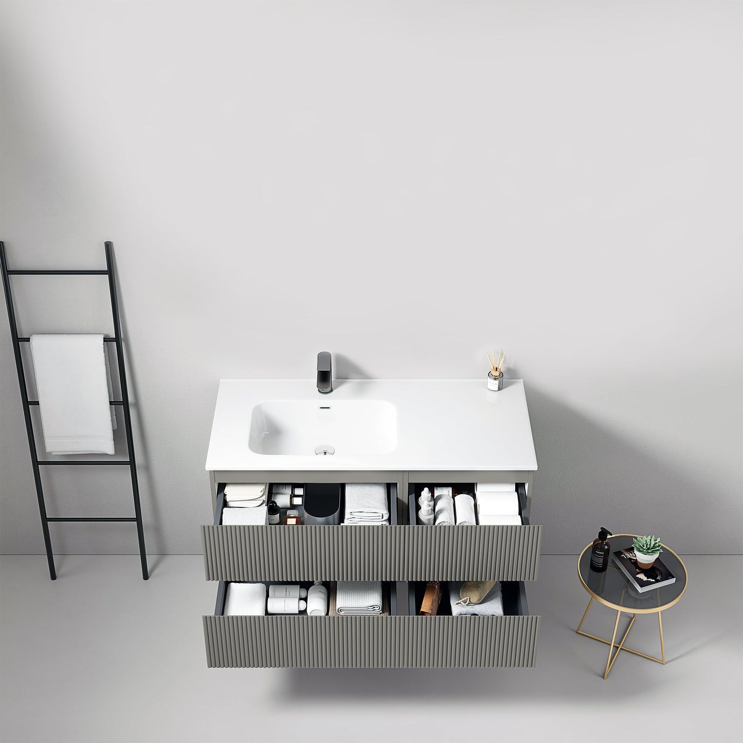 Mobile bagno sospeso cannettato 100 cm Grigio Londra Lavabo a Sinistra in Ceramica Senza Specchio - Fiji Paint