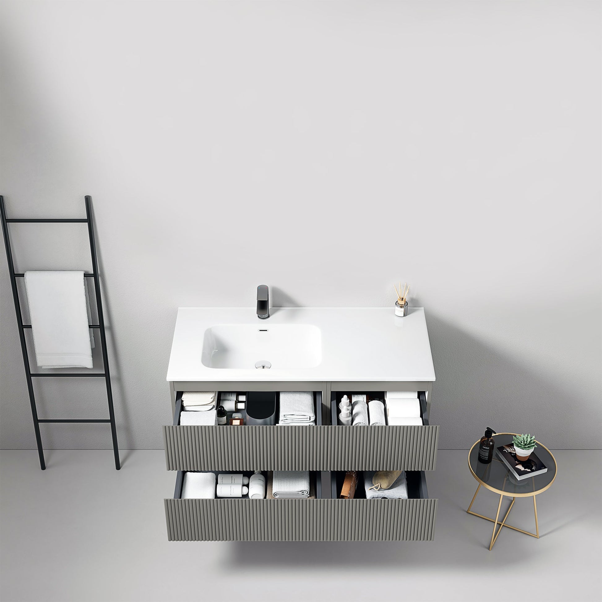 Mobile bagno sospeso cannettato 100 cm Grigio Londra Lavabo a Sinistra in Ceramica Senza Specchio - Fiji Paint