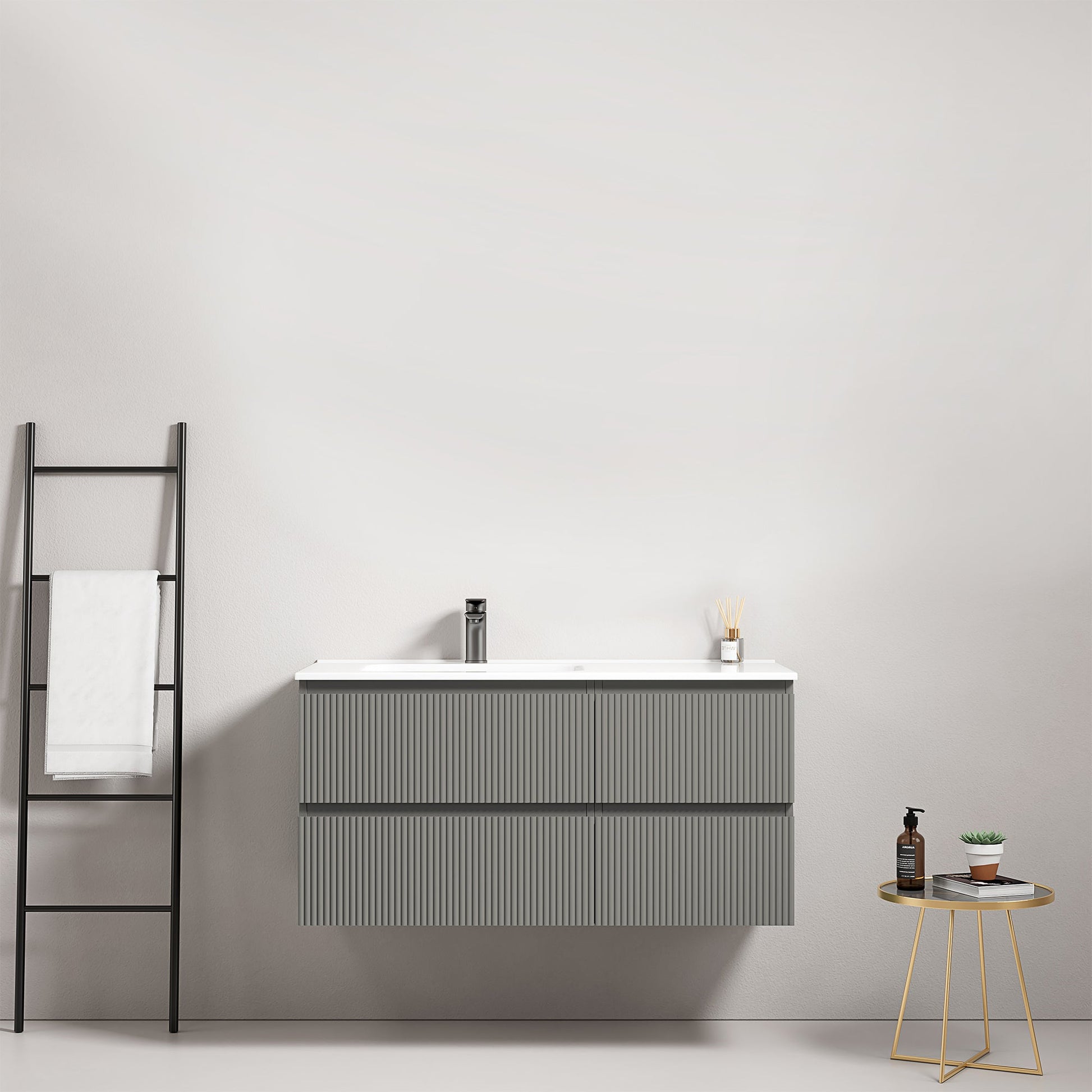 Mobile bagno sospeso cannettato 100 cm Grigio Londra Lavabo a Sinistra in Ceramica Senza Specchio - Fiji Paint