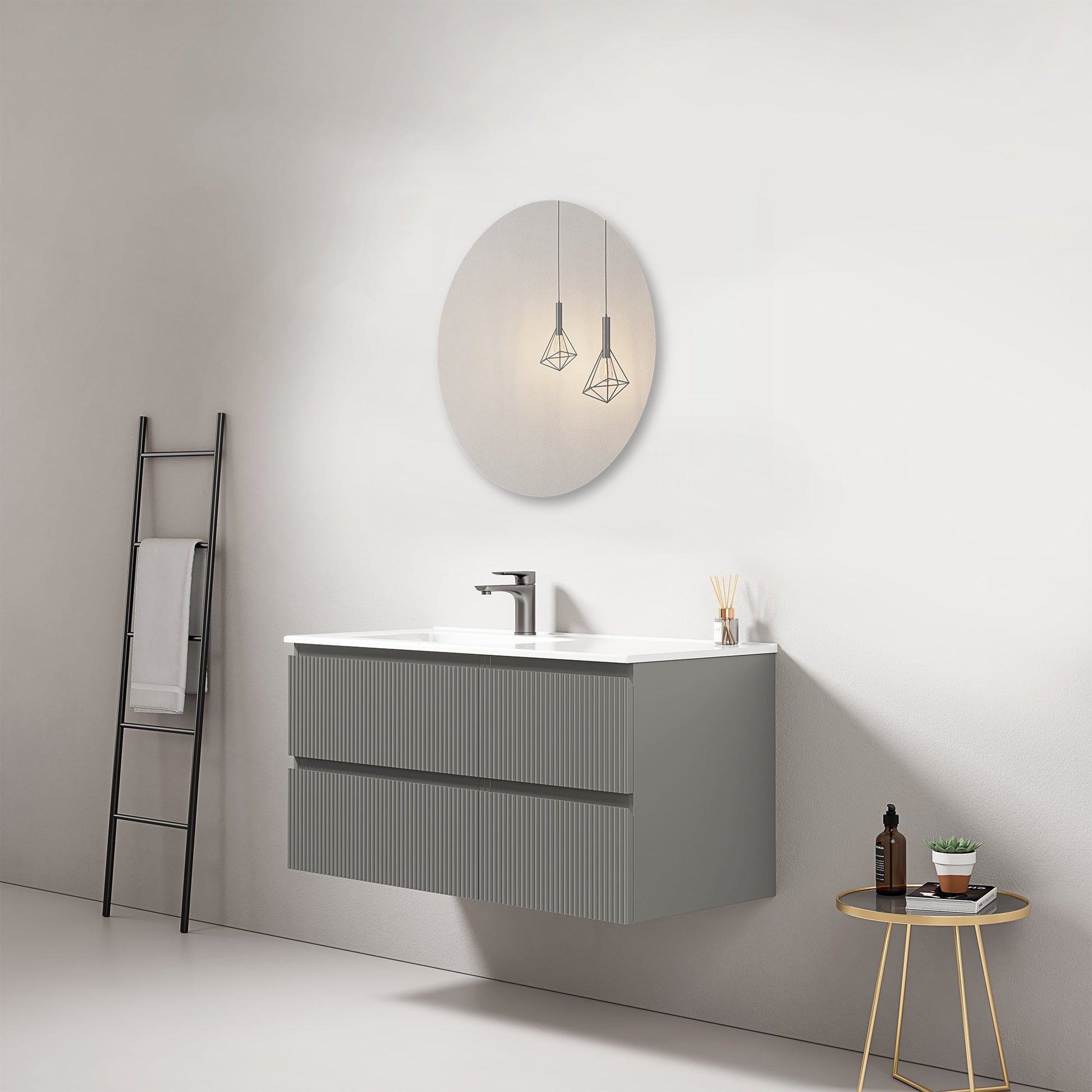 Mobile bagno sospeso cannettato 100 cm Grigio Londra Lavabo a Sinistra in Ceramica Specchio Tondo - Fiji Paint.