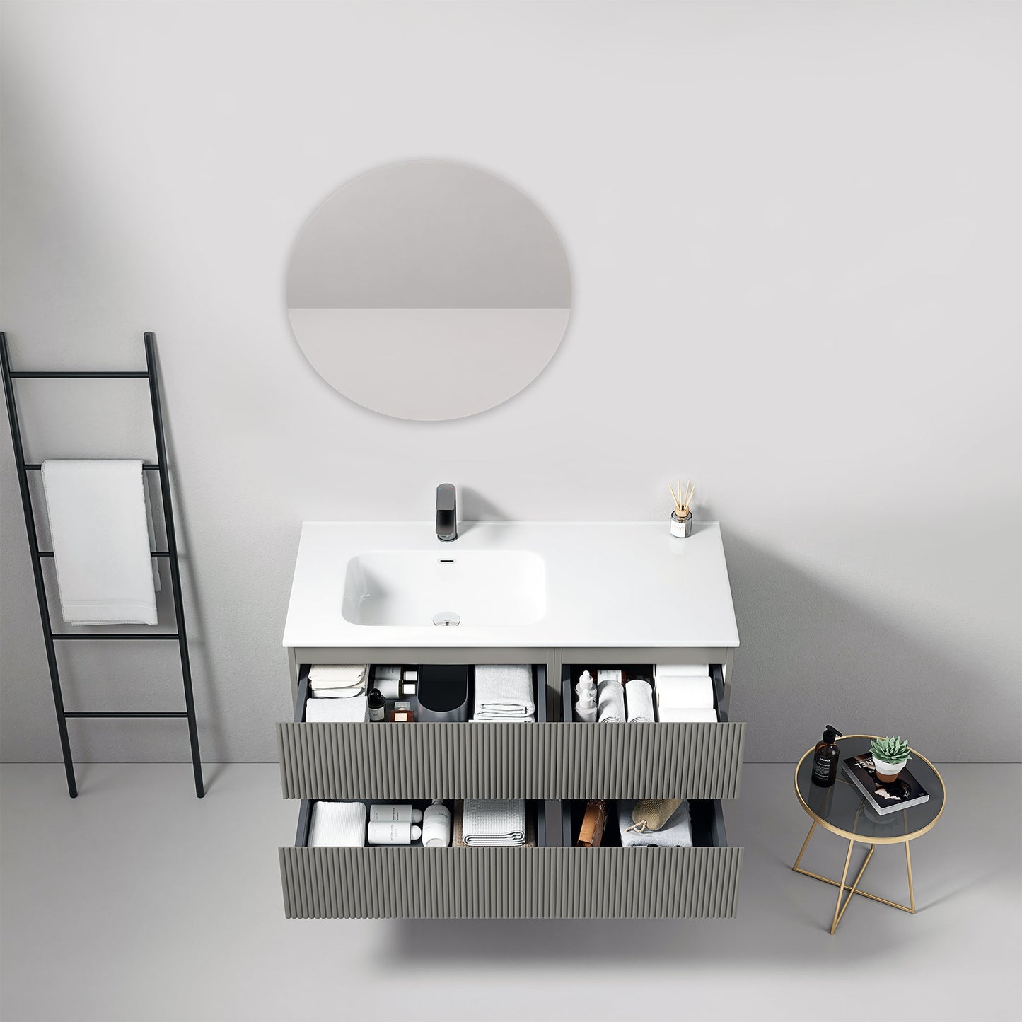 Mobile bagno sospeso cannettato 100 cm Grigio Londra Lavabo a Sinistra in Ceramica Specchio Tondo - Fiji Paint