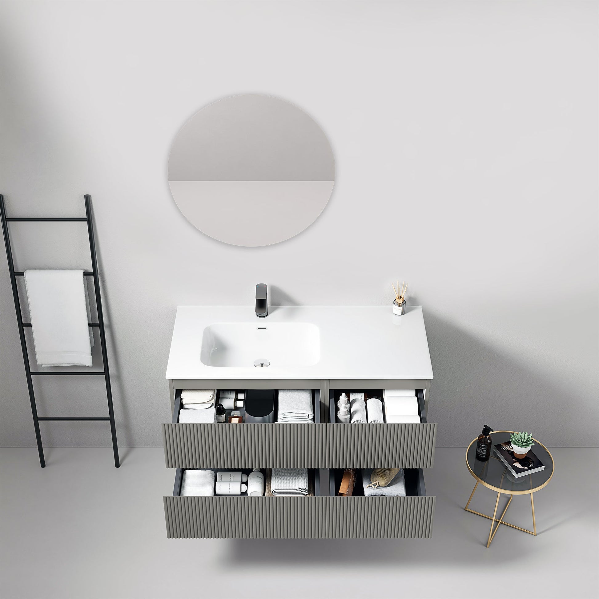 Mobile bagno sospeso cannettato 100 cm Grigio Londra Lavabo a Sinistra in Ceramica Specchio Tondo - Fiji Paint