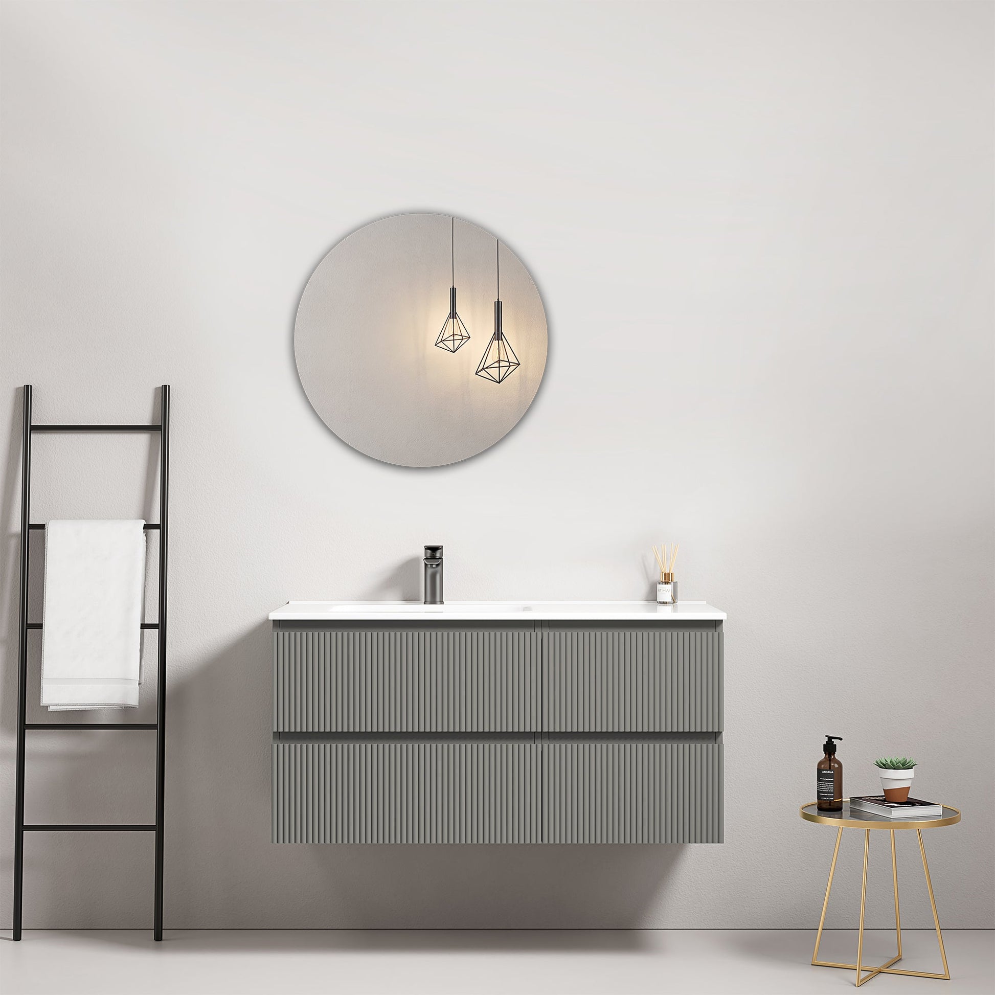 Mobile bagno sospeso cannettato 100 cm Grigio Londra Lavabo a Sinistra in Ceramica Specchio Tondo - Fiji Paint