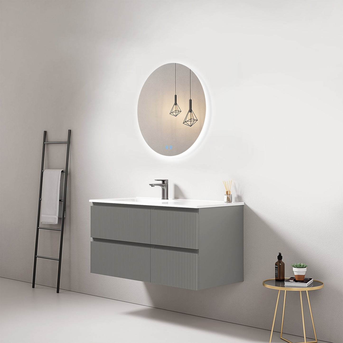 Mobile bagno sospeso cannettato 100 cm Grigio Londra Lavabo a Sinistra in Ceramica Specchio Tondo Retroilluminato - Fiji Paint