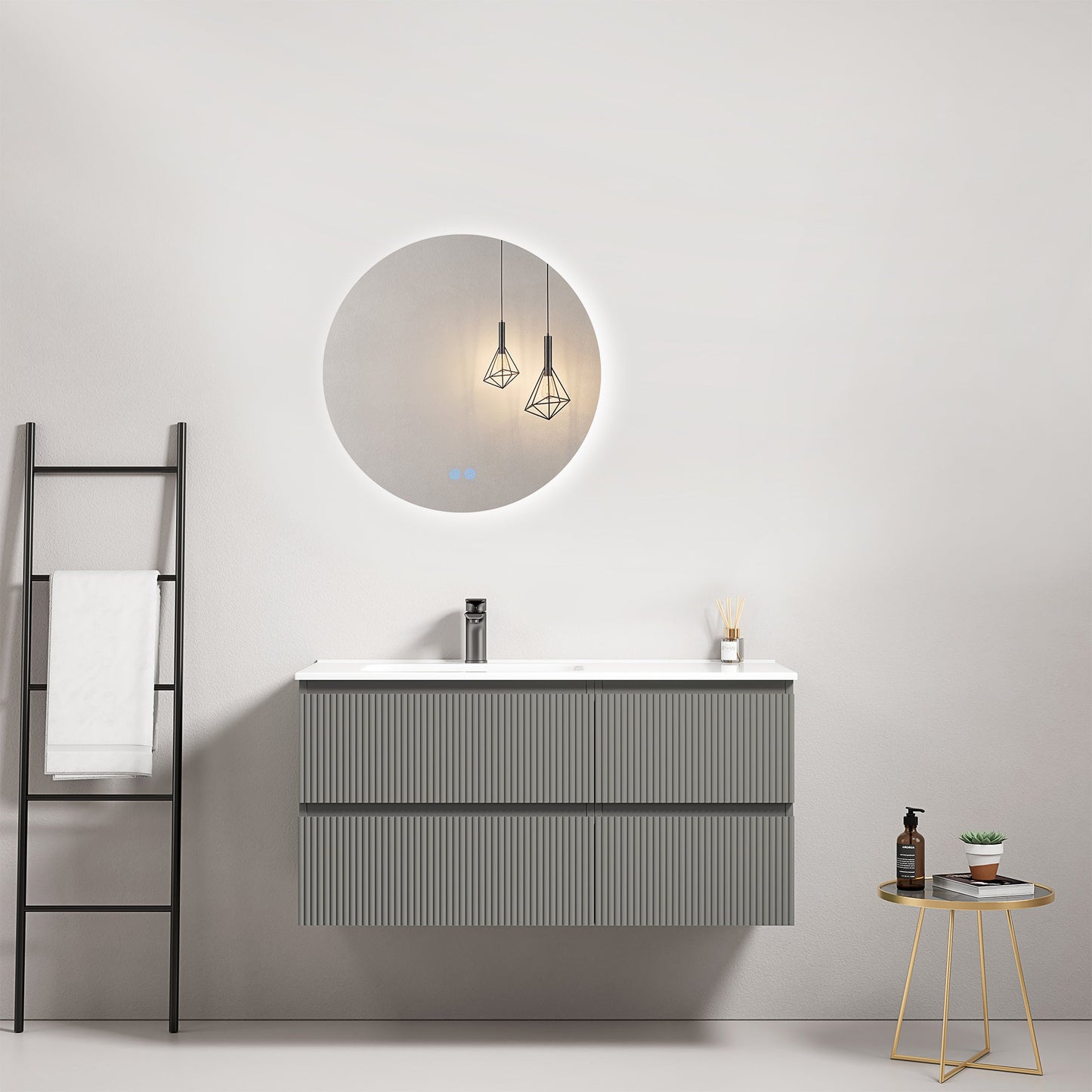 Mobile bagno sospeso cannettato 100 cm Grigio Londra Lavabo a Sinistra in Ceramica Specchio Tondo Retroilluminato - Fiji Paint.