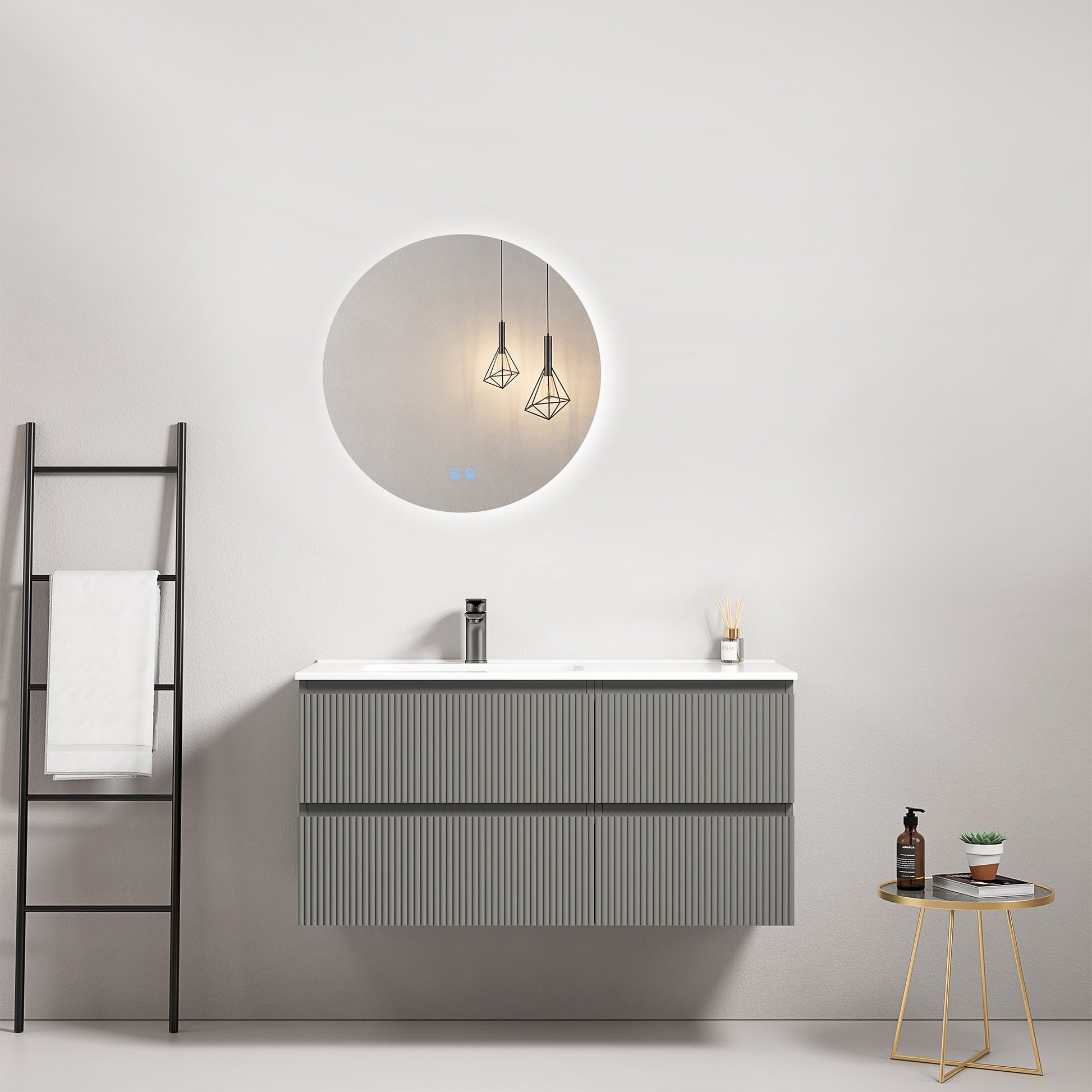 Mobile bagno sospeso cannettato 100 cm Grigio Londra Lavabo a Sinistra in Ceramica Specchio Tondo Retroilluminato - Fiji Paint.