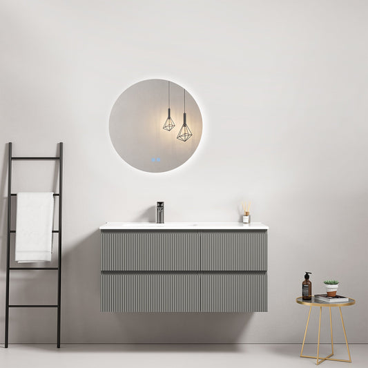 Mobile bagno sospeso cannettato 100 cm Grigio Londra Lavabo a Sinistra in Ceramica Specchio Tondo Retroilluminato - Fiji Paint.