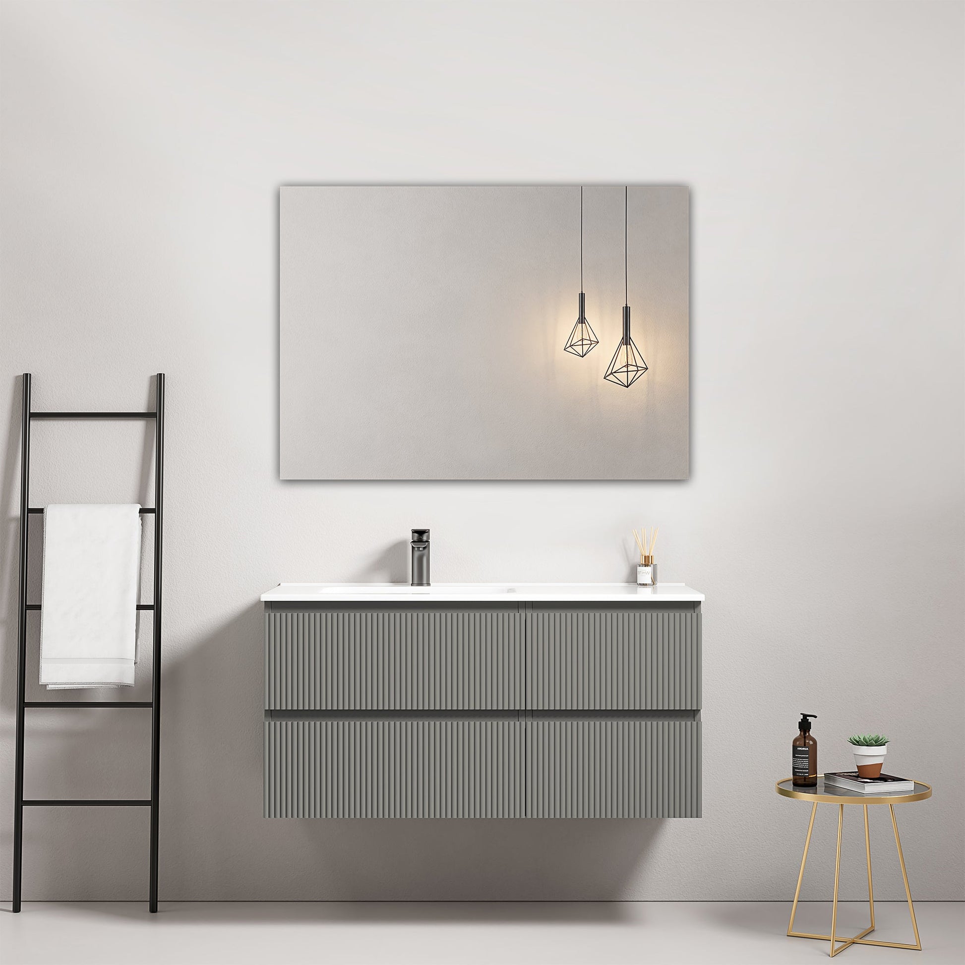 Mobile bagno sospeso cannettato 100 cm Grigio Londra Lavabo a Sinistra in Ceramica Specchio Quadro - Fiji Paint.