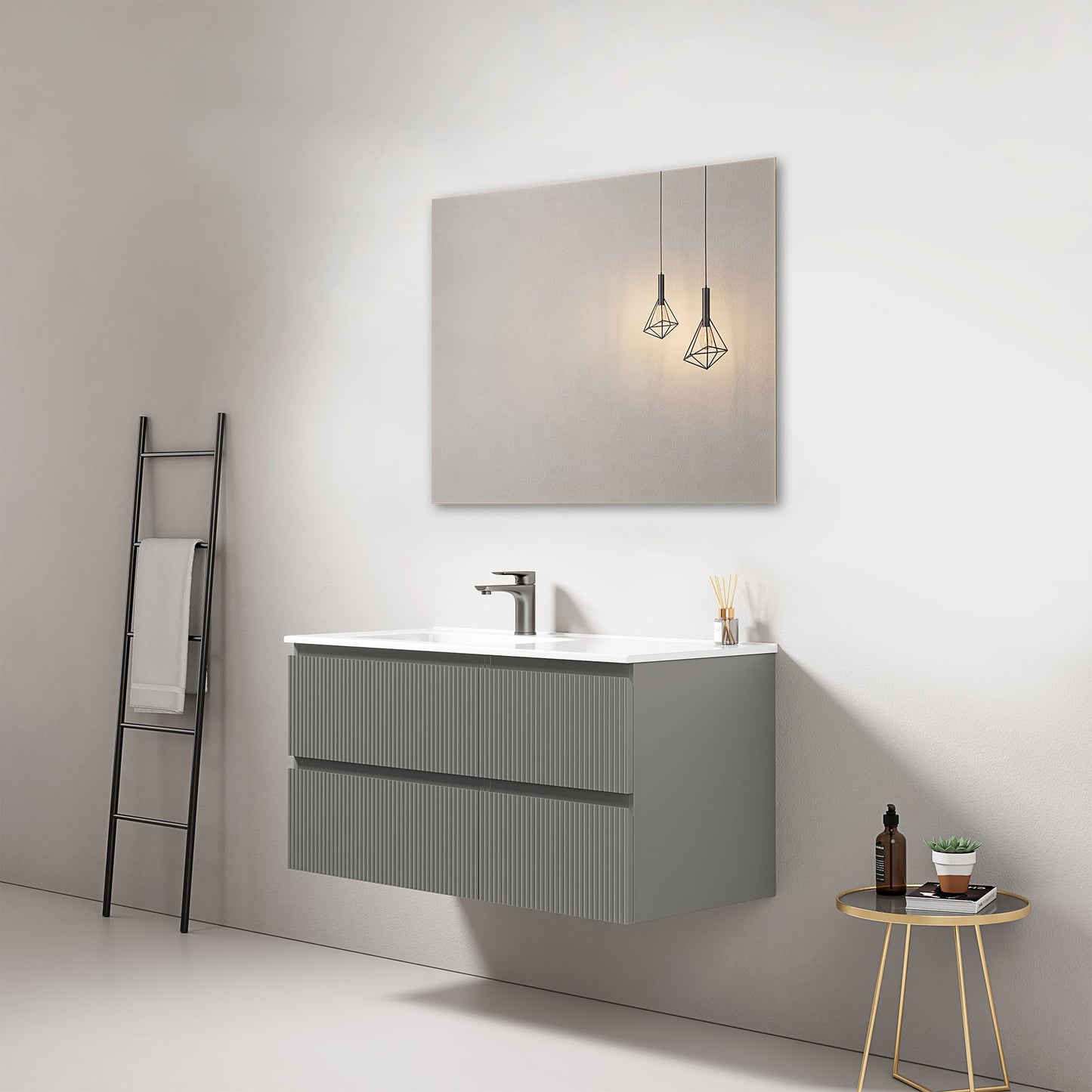 Mobile bagno sospeso cannettato 100 cm Grigio Londra Lavabo a Sinistra in Ceramica Specchio Quadro - Fiji Paint
