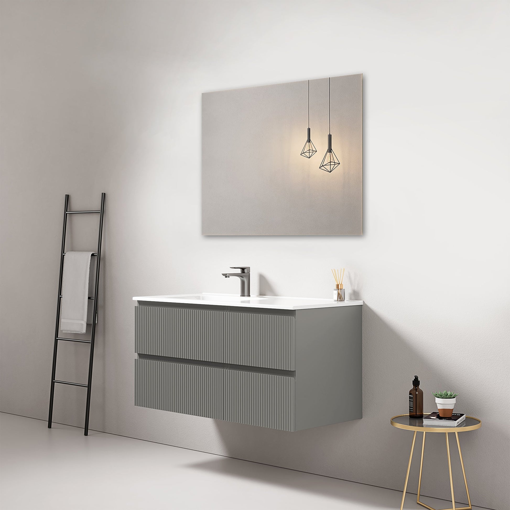 Mobile bagno sospeso cannettato 100 cm Grigio Londra Lavabo a Sinistra in Ceramica Specchio Quadro - Fiji Paint